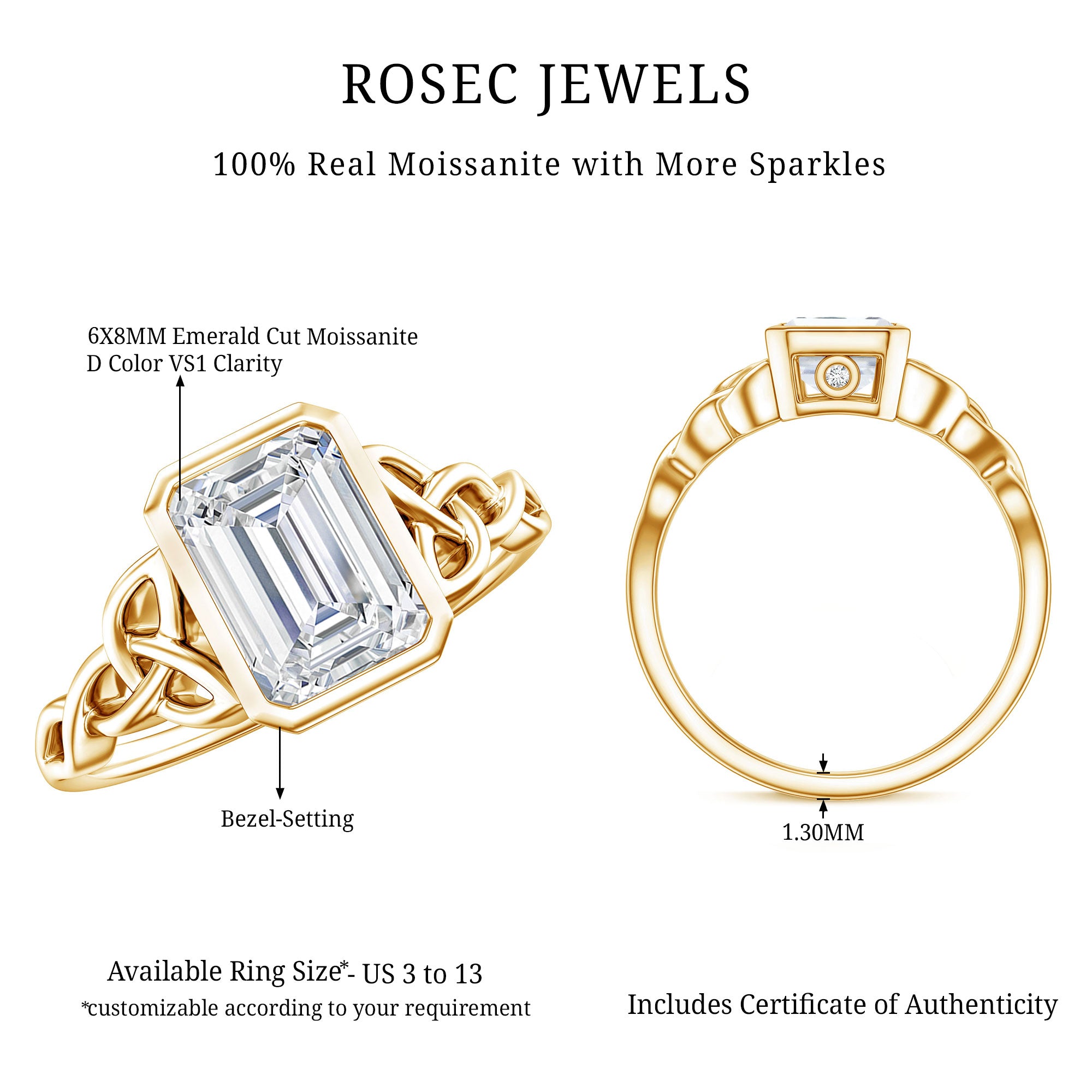 Bezel Set Emerald Cut Moissanite Celtic Engagement Ring D-VS1 - Rosec Jewels