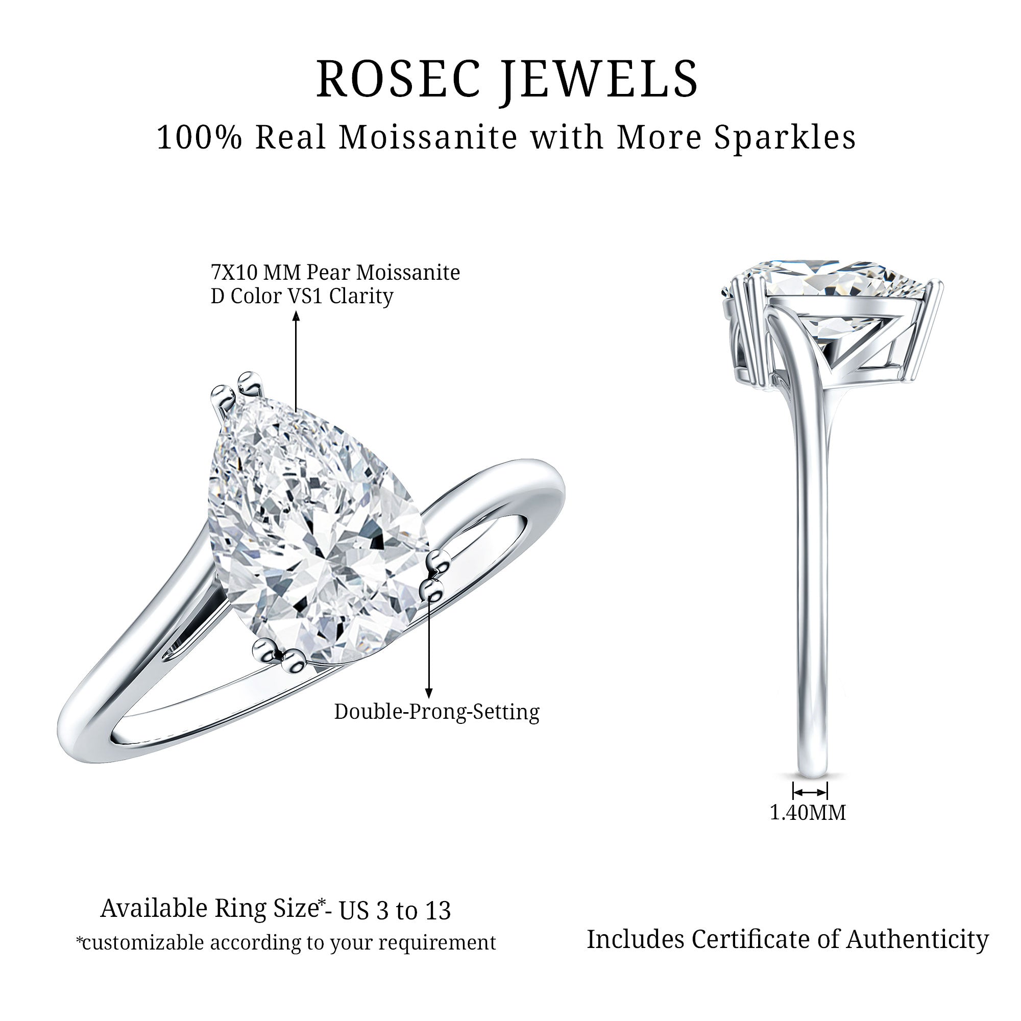 Pear Engagement Ring With Certified Moissanite D-VS1 - Rosec Jewels