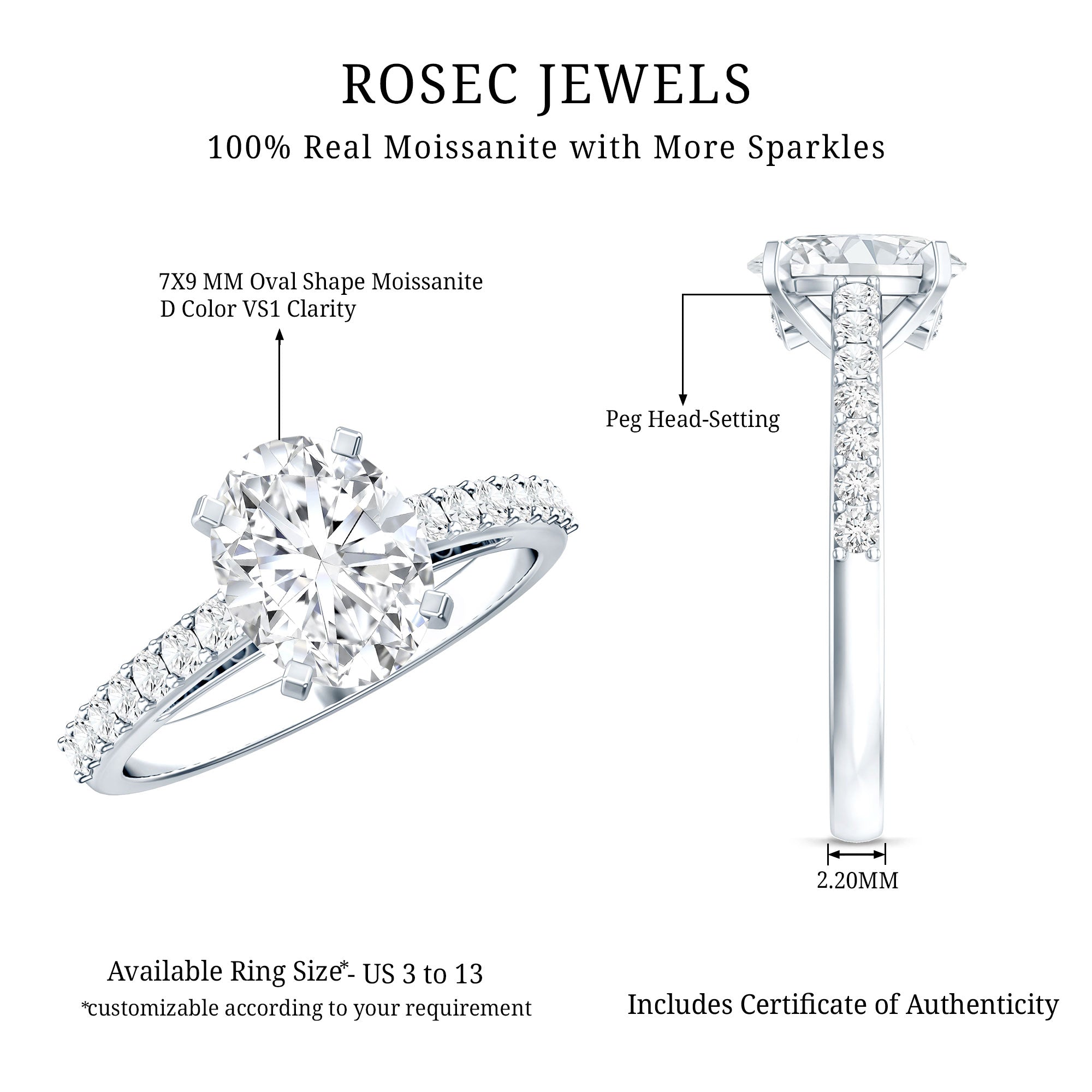 Brilliant Cut Moissanite Oval Engagement Ring D-VS1 - Rosec Jewels