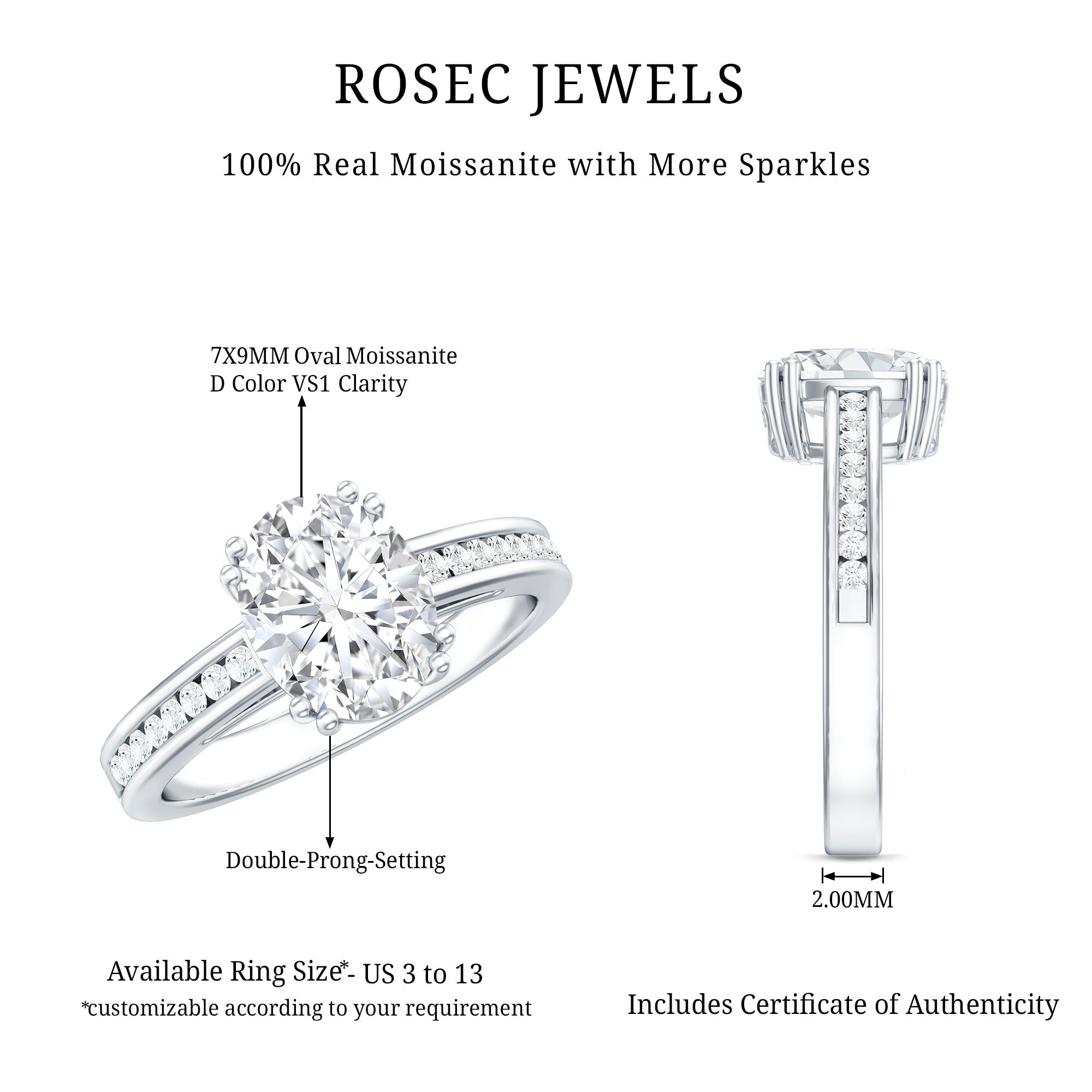 Rosec Jewels-Certified Moissanite Oblong Engagement Ring in Double Prong Setting