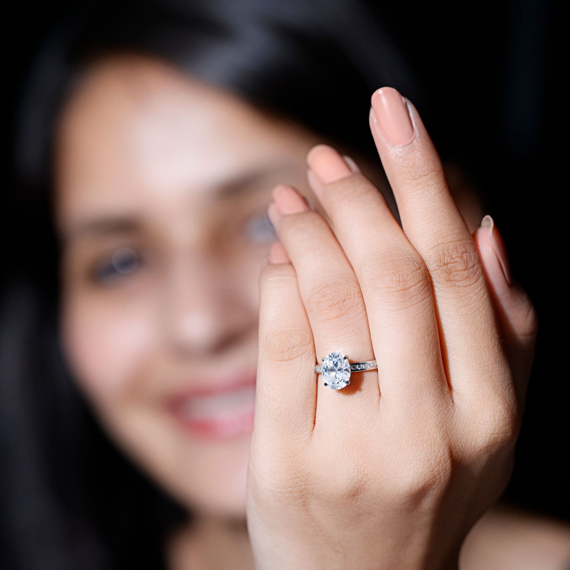 7X9 MM Solitaire Moissanite Oval Engagement Ring with Channel Set D-VS1 - Rosec Jewels