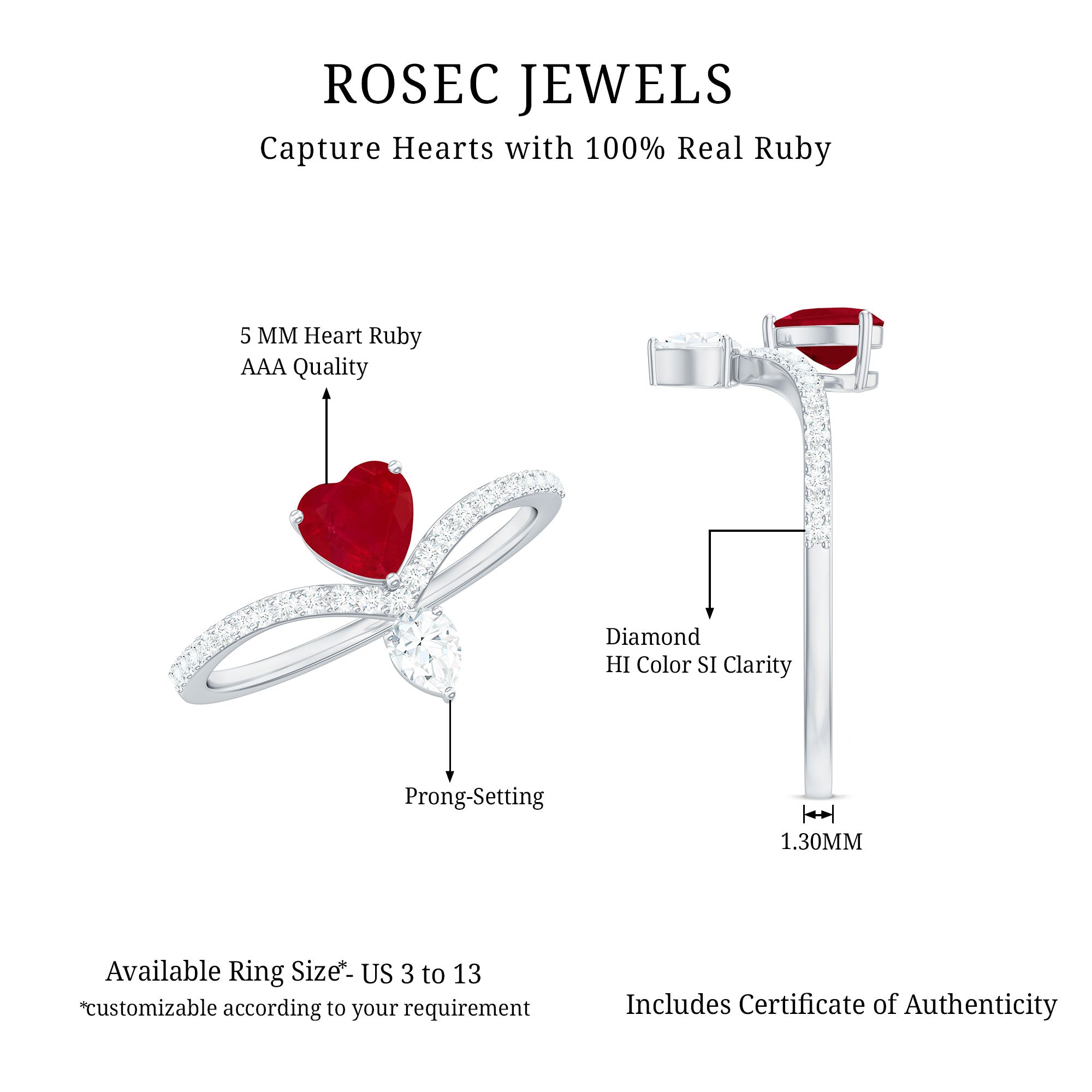 Rosec Jewels-Natural 0.6 Carat Ruby Heart Promise Ring with Diamond Chevron Shank