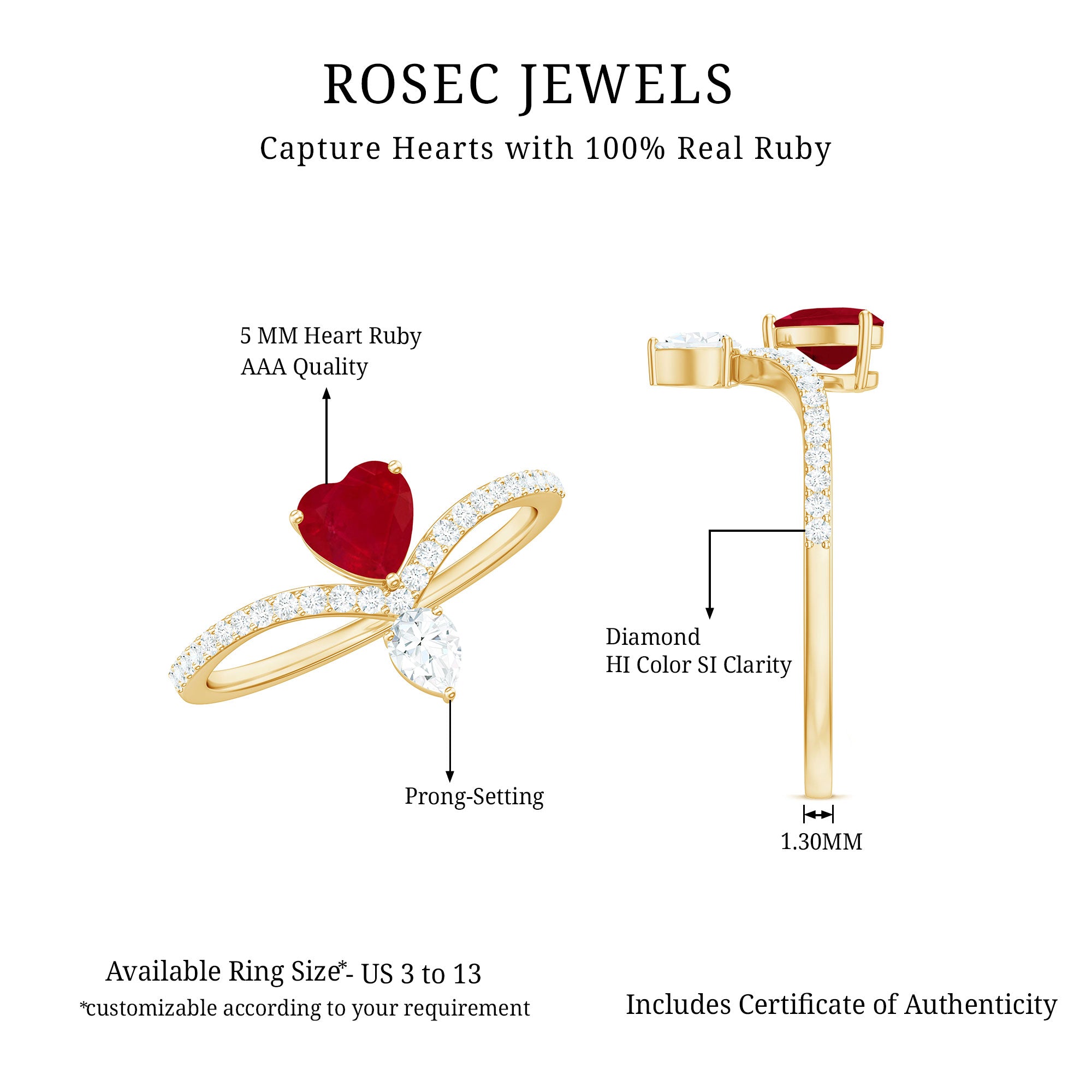 Rosec Jewels-Natural 0.6 Carat Ruby Heart Promise Ring with Diamond Chevron Shank