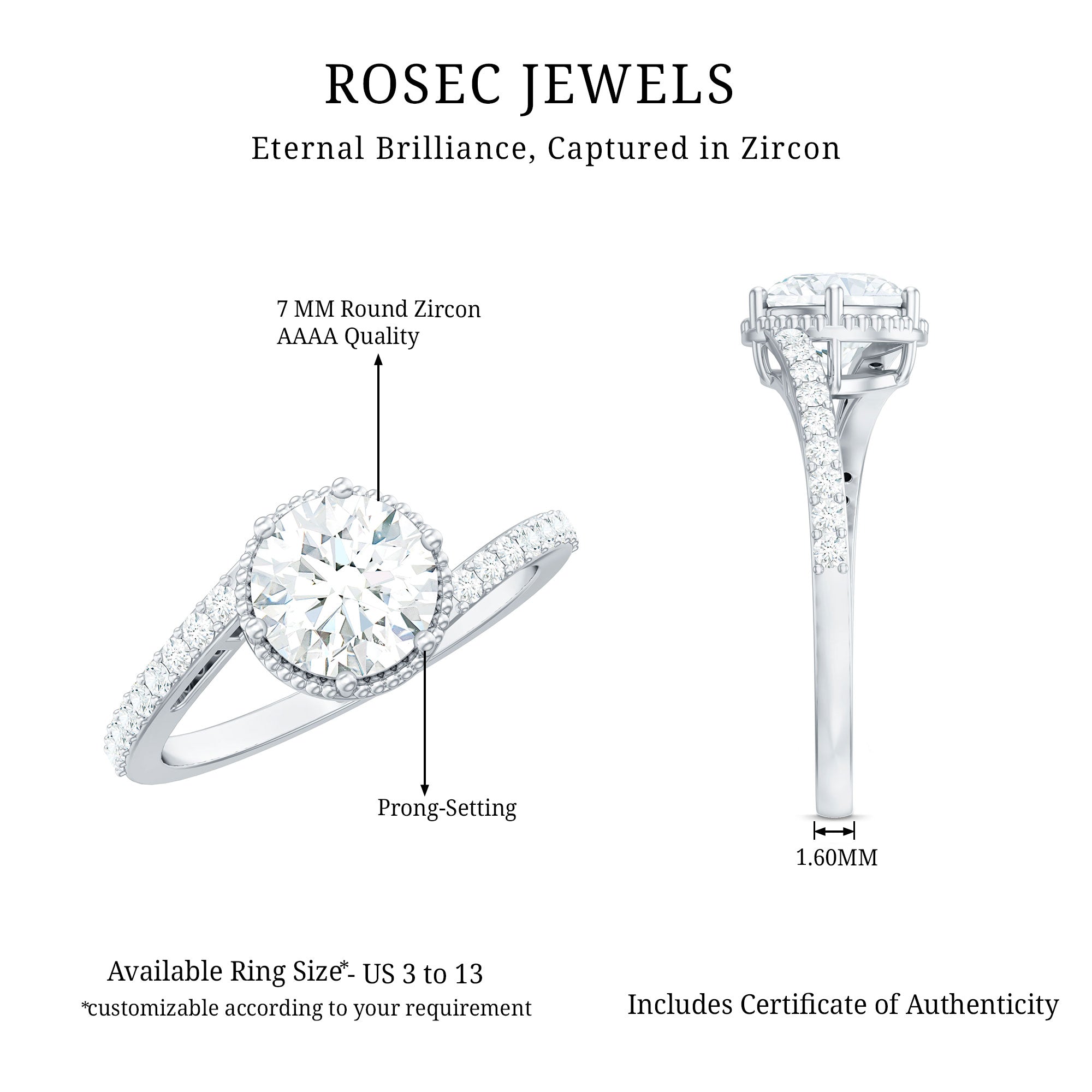 Rosec Jewels-Round Cut Solitaire Zircon Bypass Engagement Ring