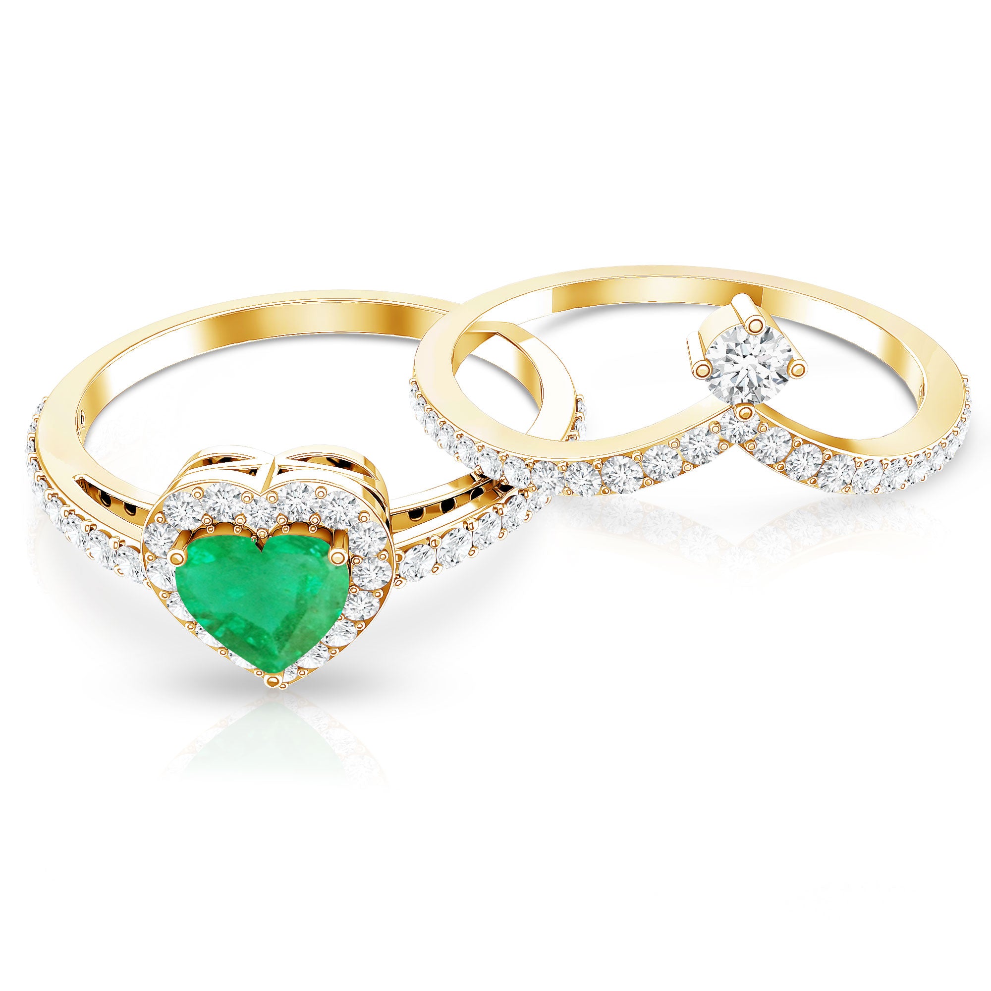 Rosec Jewels-Real Emerald and Diamond Heart Wedding Ring Set with Certificate