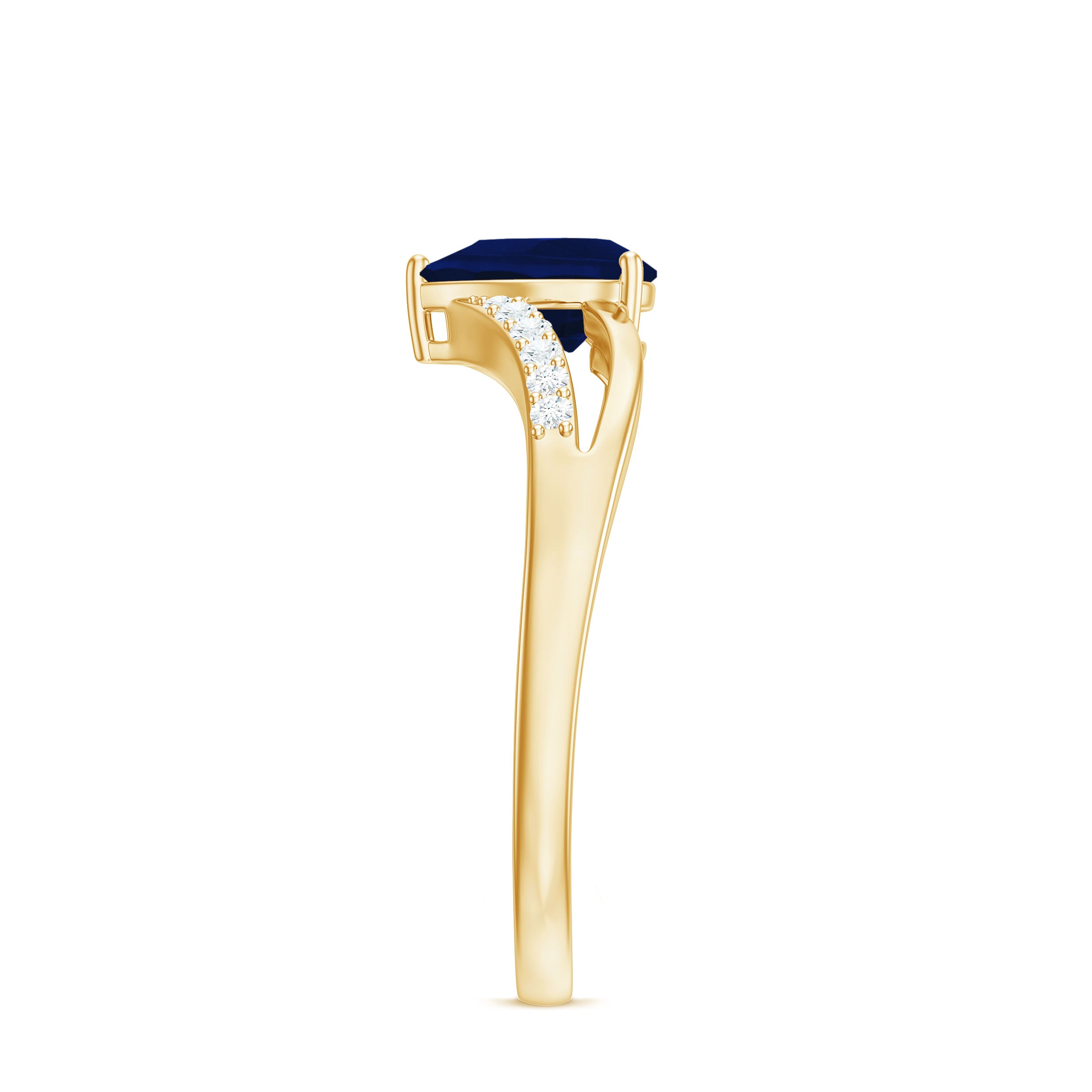 Rosec Jewels-Pear Cut Solitaire Blue Sapphire Split Shank Ring with Diamond