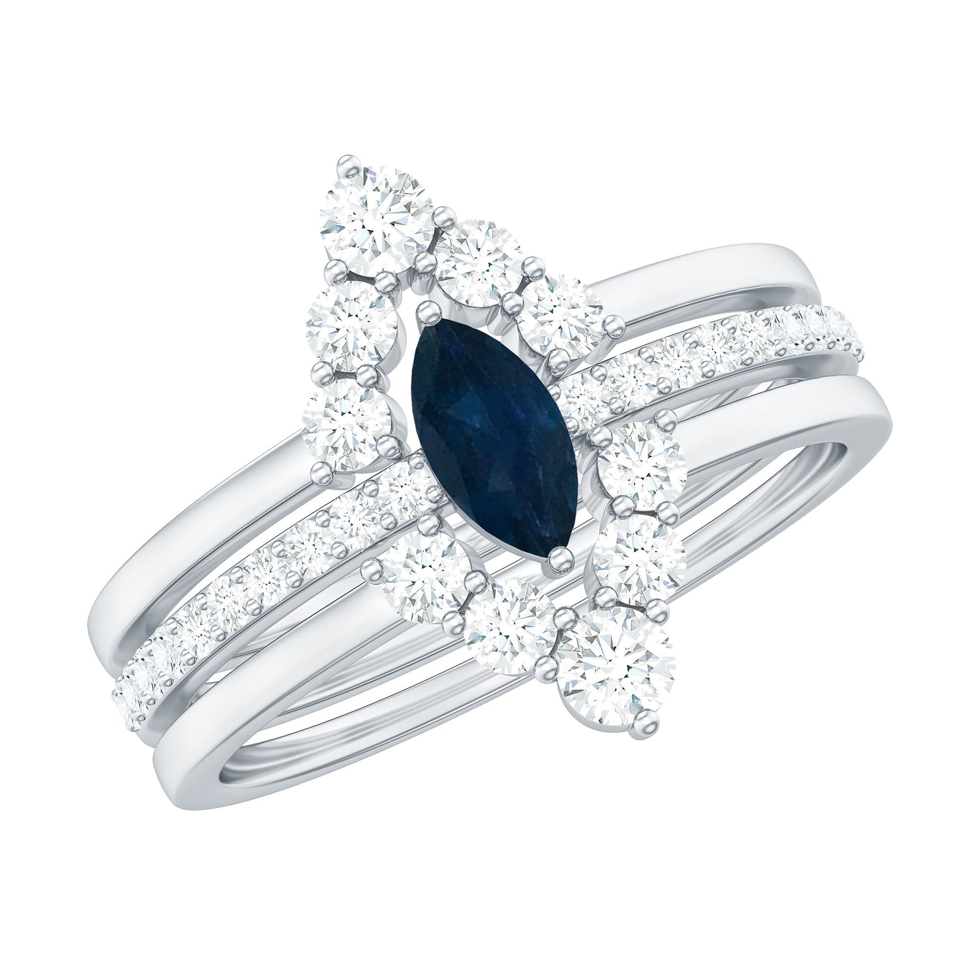 Marquise Blue Sapphire Solitaire Ring Set of 3 with Diamond