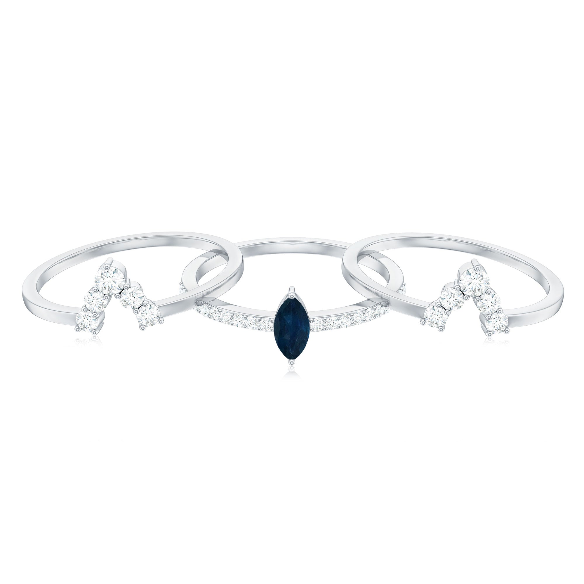 Natural Marquise Cut Blue Sapphire and Diamond Three Piece Stackable Ring Set AAA - Rosec Jewels