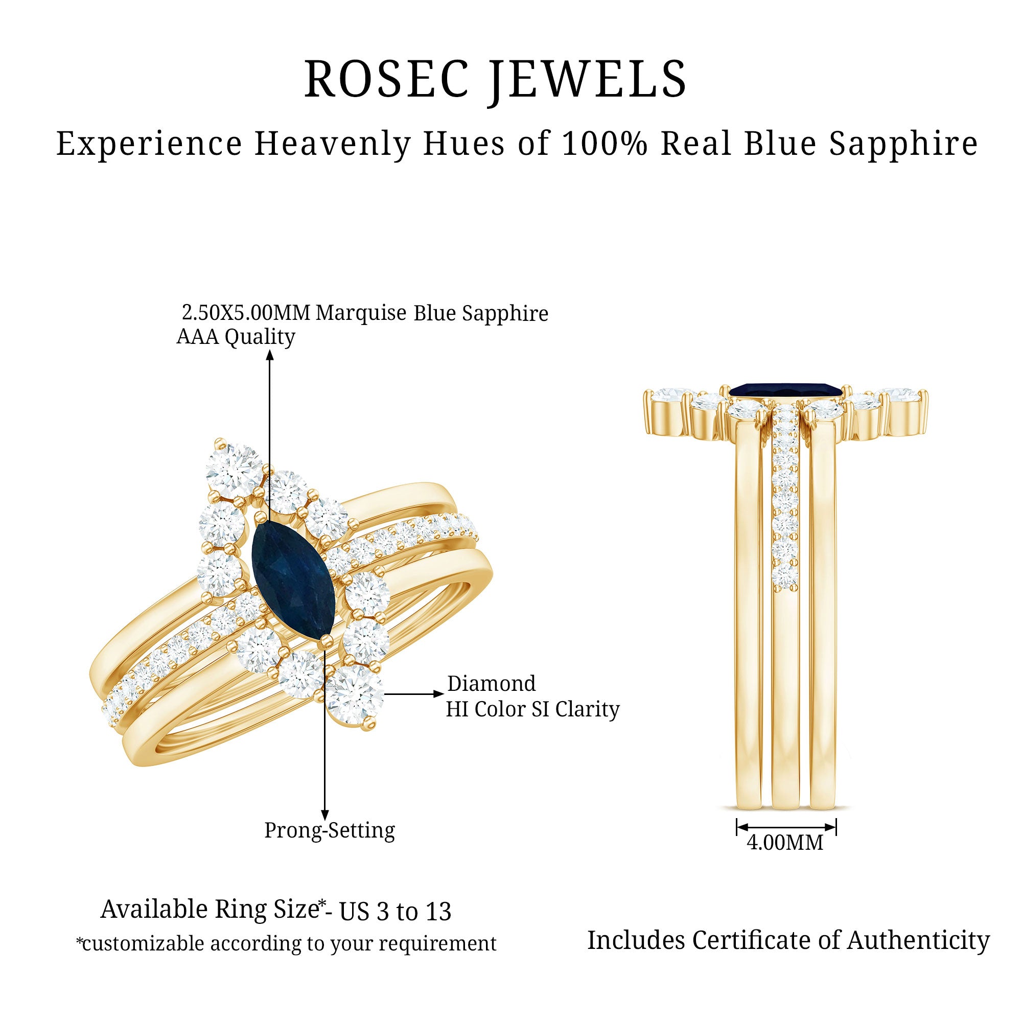 Natural Marquise Cut Blue Sapphire and Diamond Three Piece Stackable Ring Set AAA - Rosec Jewels