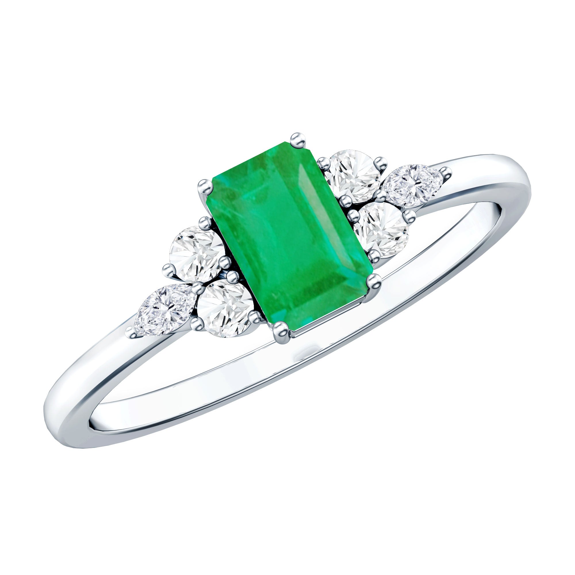 Rosec Jewels-Emerald Cut Emerald Engagement Ring with Diamond Trio