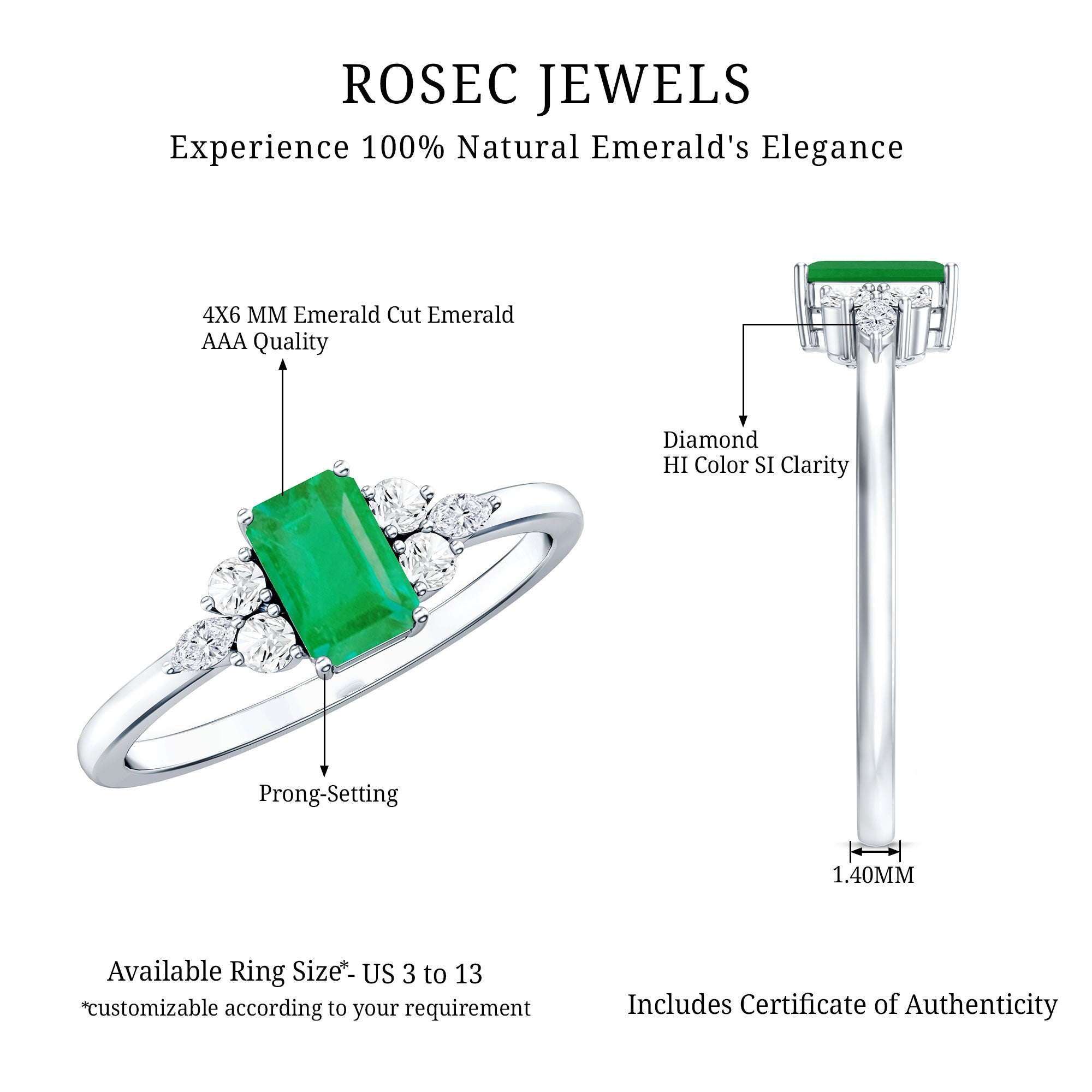 Emerald Cut Emerald Engagement Ring with Diamond Trio AAA - Rosec Jewels
