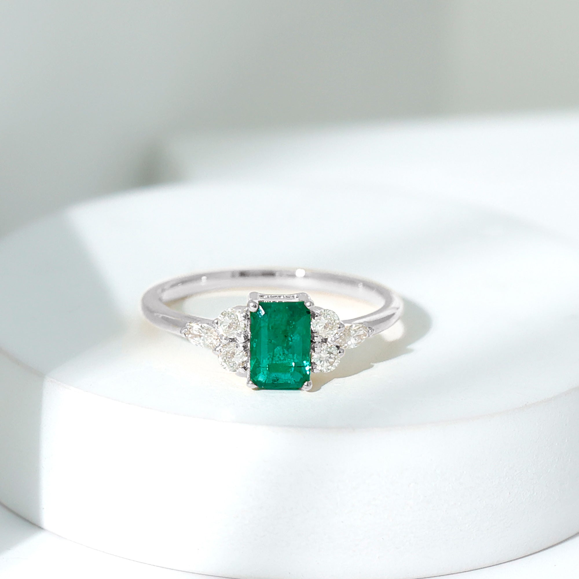 Emerald Cut Emerald Engagement Ring with Diamond Trio AAA - Rosec Jewels