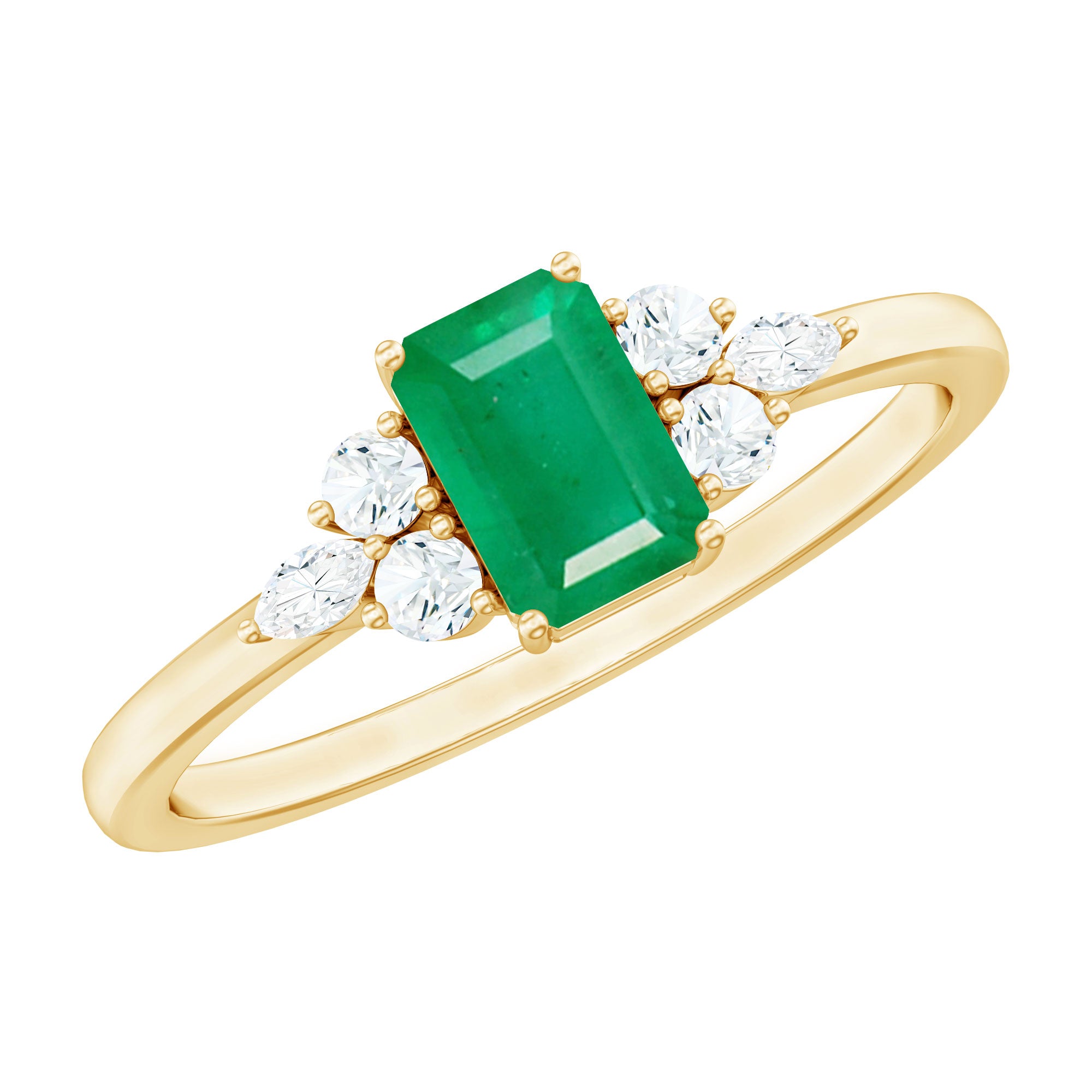 Emerald Cut Emerald Engagement Ring with Diamond Trio AAA - Rosec Jewels