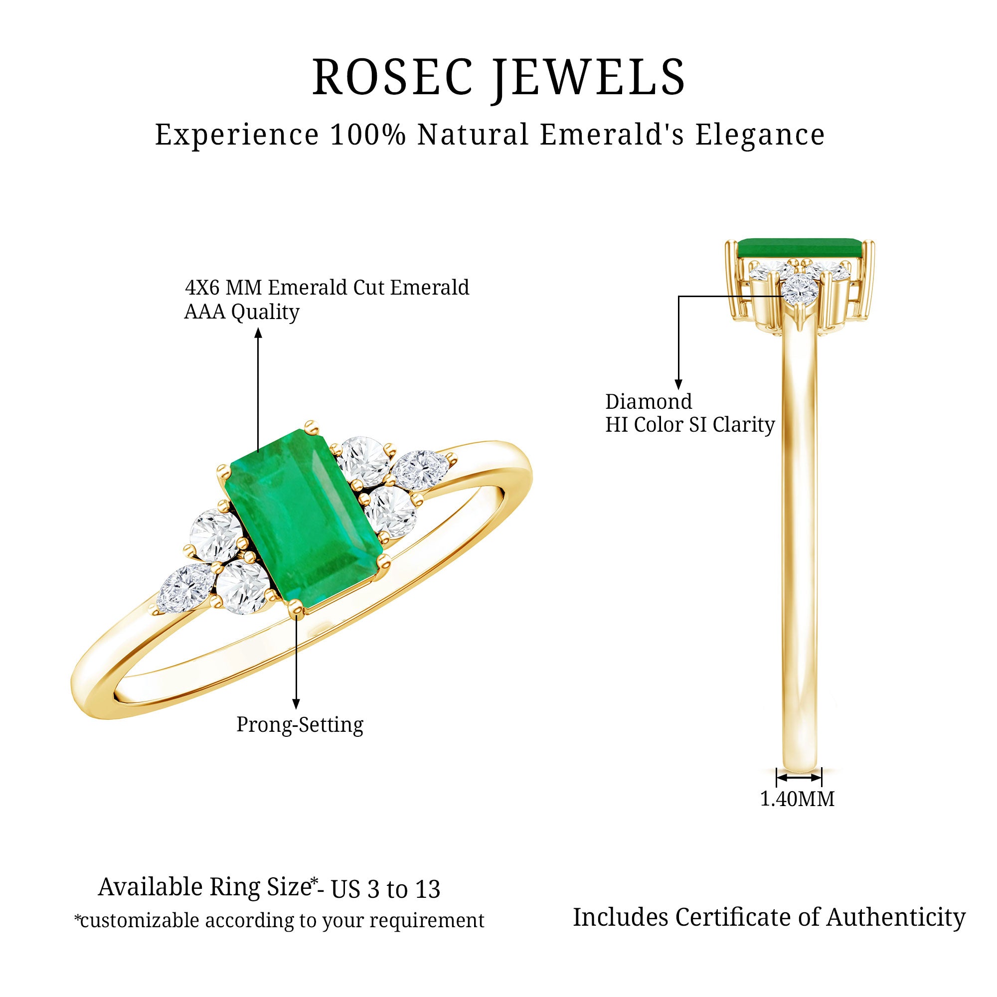 Rosec Jewels-Emerald Cut Emerald Engagement Ring with Diamond Trio