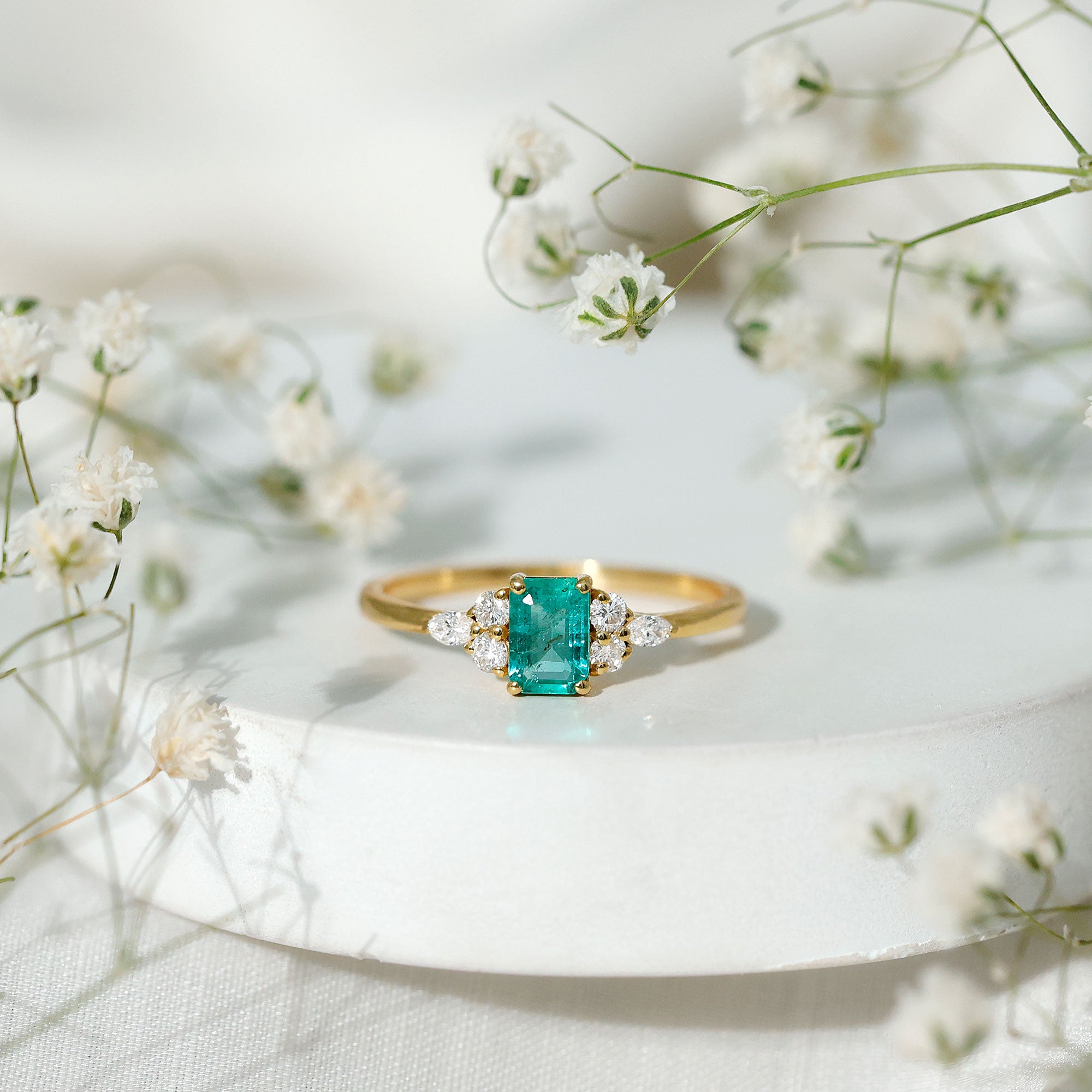 Emerald Cut Emerald Engagement Ring with Diamond Trio AAA - Rosec Jewels
