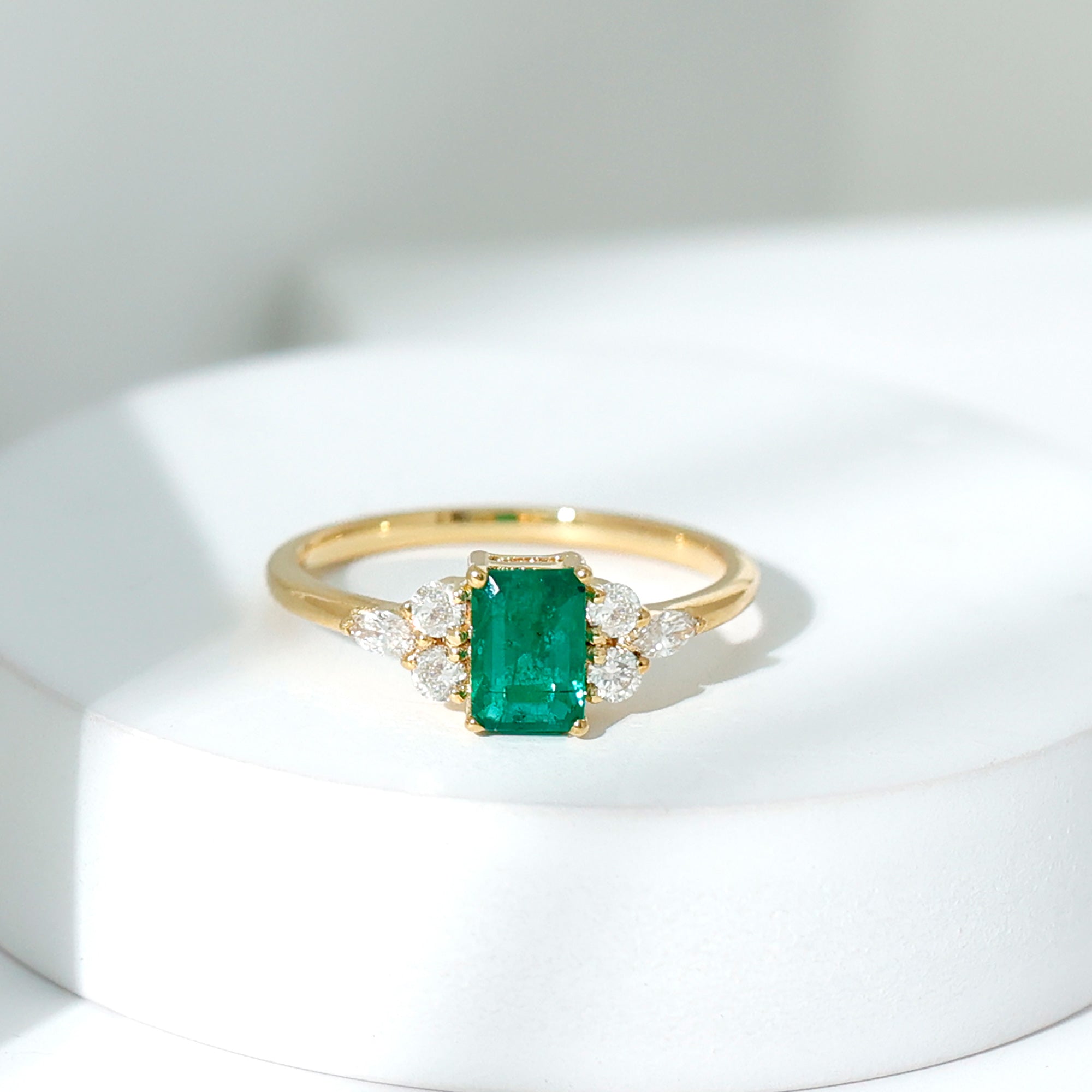 Emerald Cut Emerald Engagement Ring with Diamond Trio AAA - Rosec Jewels