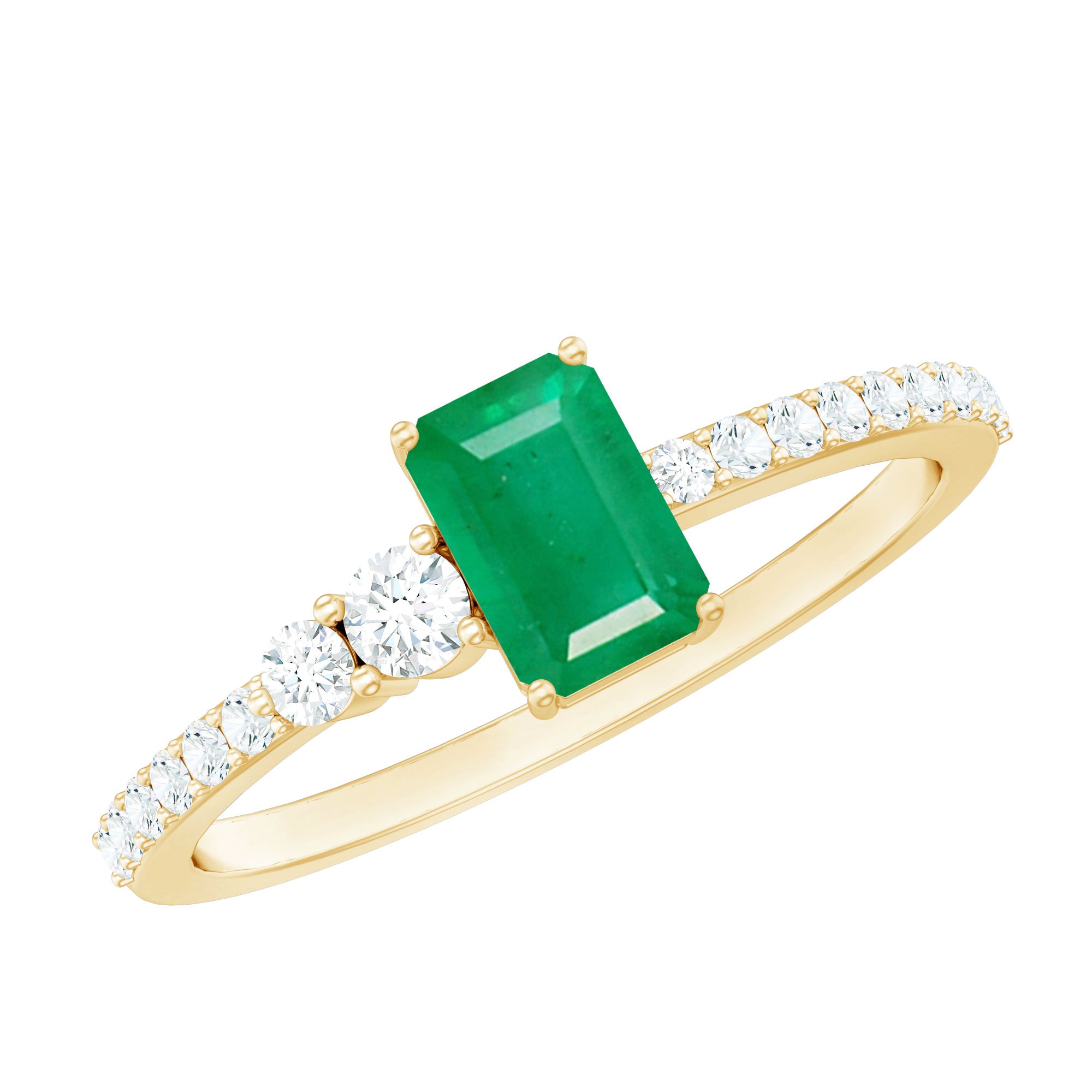 Natural Emerald Cut Emerald Engagement Ring with Diamond Side Stones AAA - Rosec Jewels