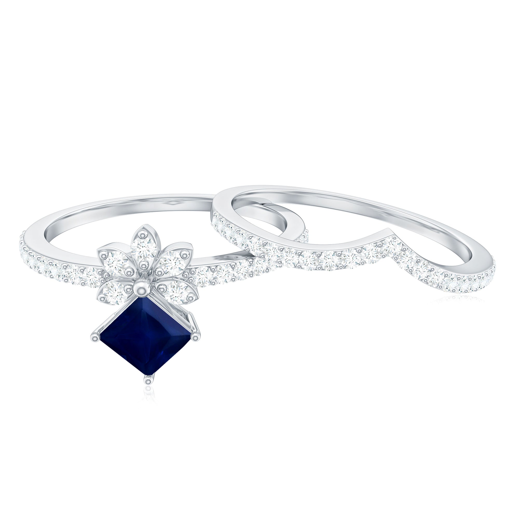 Designer Princess Cut Blue Sapphire and Diamond Flower Wedding Ring Set AAA - Rosec Jewels