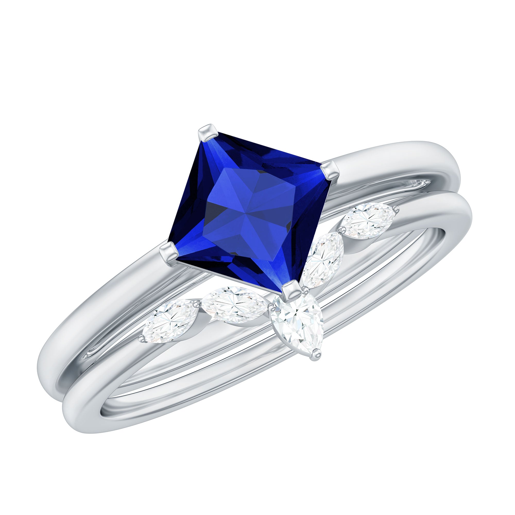 1.25 CT Princess Cut Created Blue Sapphire Solitaire Ring Set with Diamond