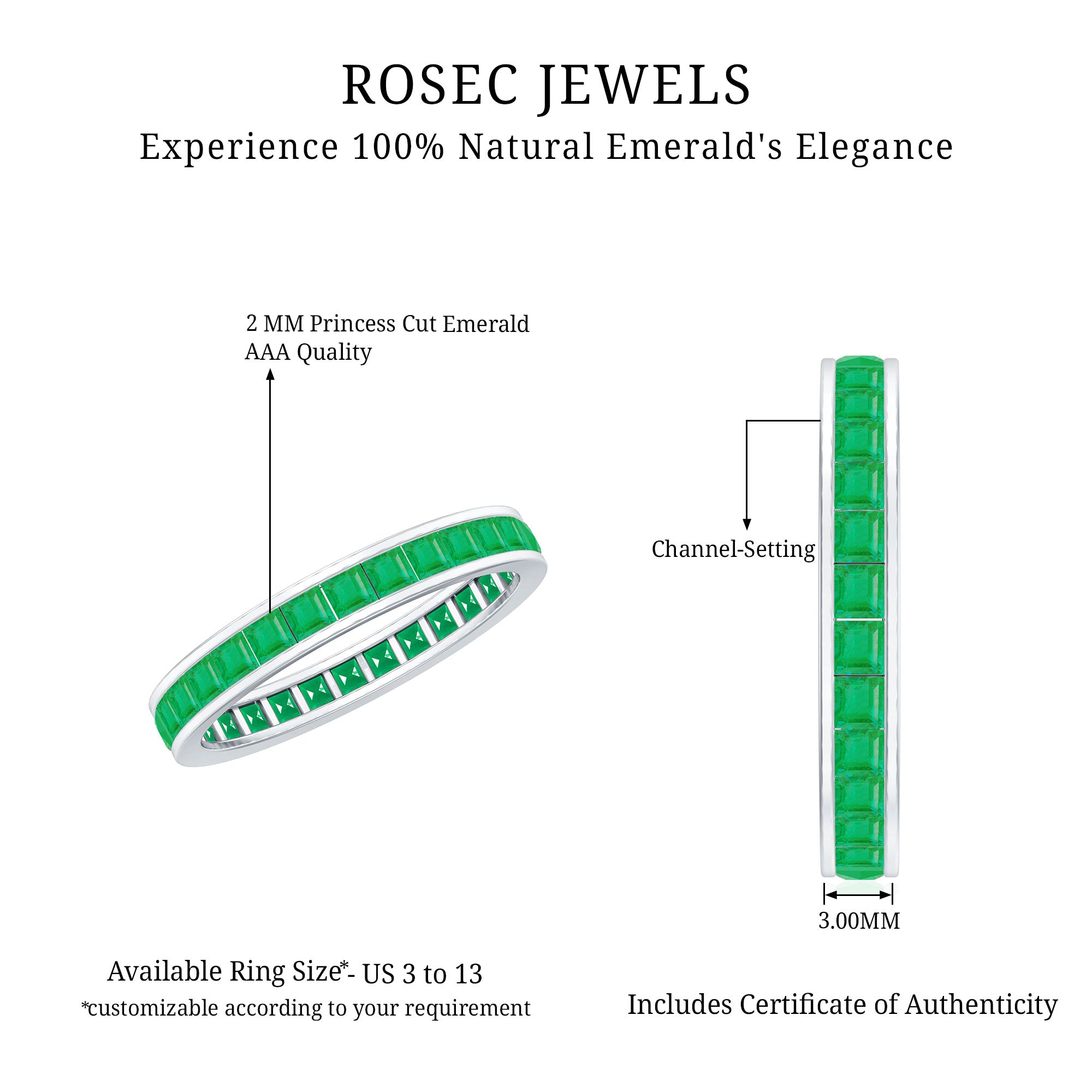 Rosec Jewels-Channel Set Princess Cut Emerald Eternity Band Ring