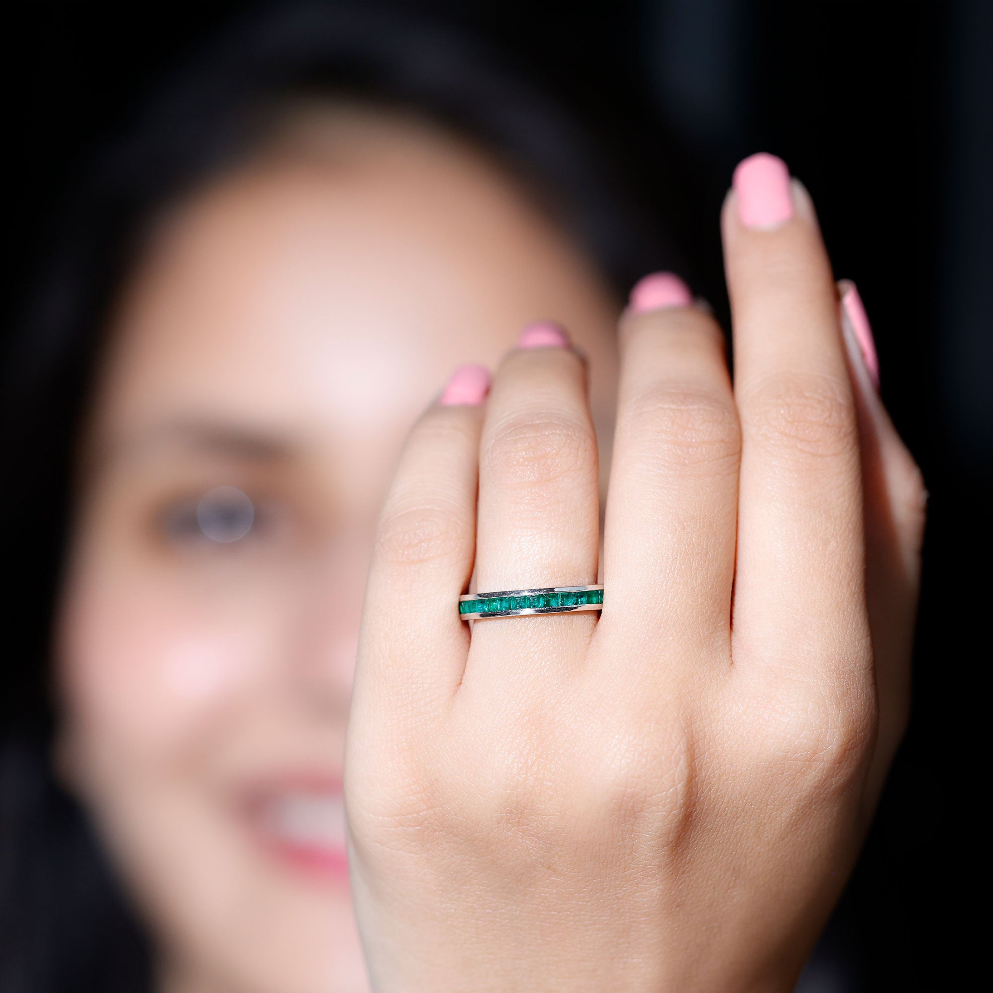 Rosec Jewels-Channel Set Princess Cut Emerald Eternity Band Ring
