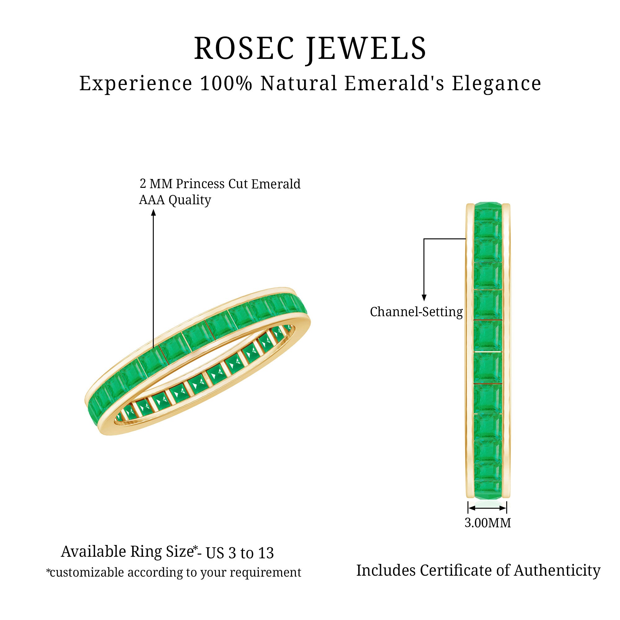 Rosec Jewels-Channel Set Princess Cut Emerald Eternity Band Ring