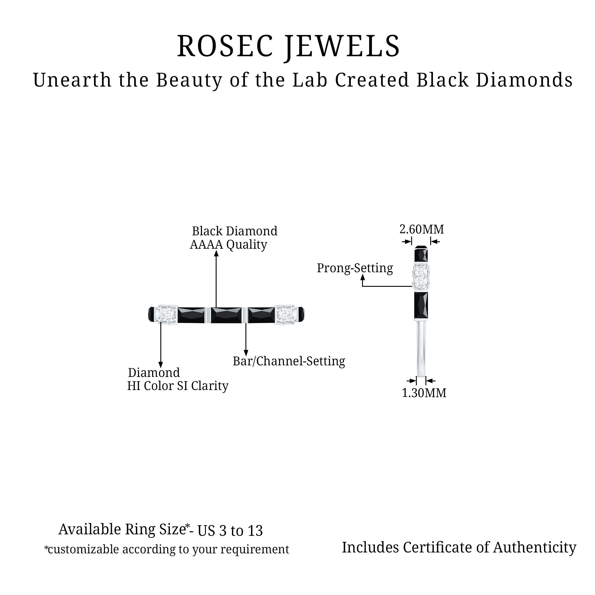Certified Baguette Lab Grown Black and White Diamond Half Eternity Ring for Women AAAA ( Synthetic ) - Rosec Jewels
