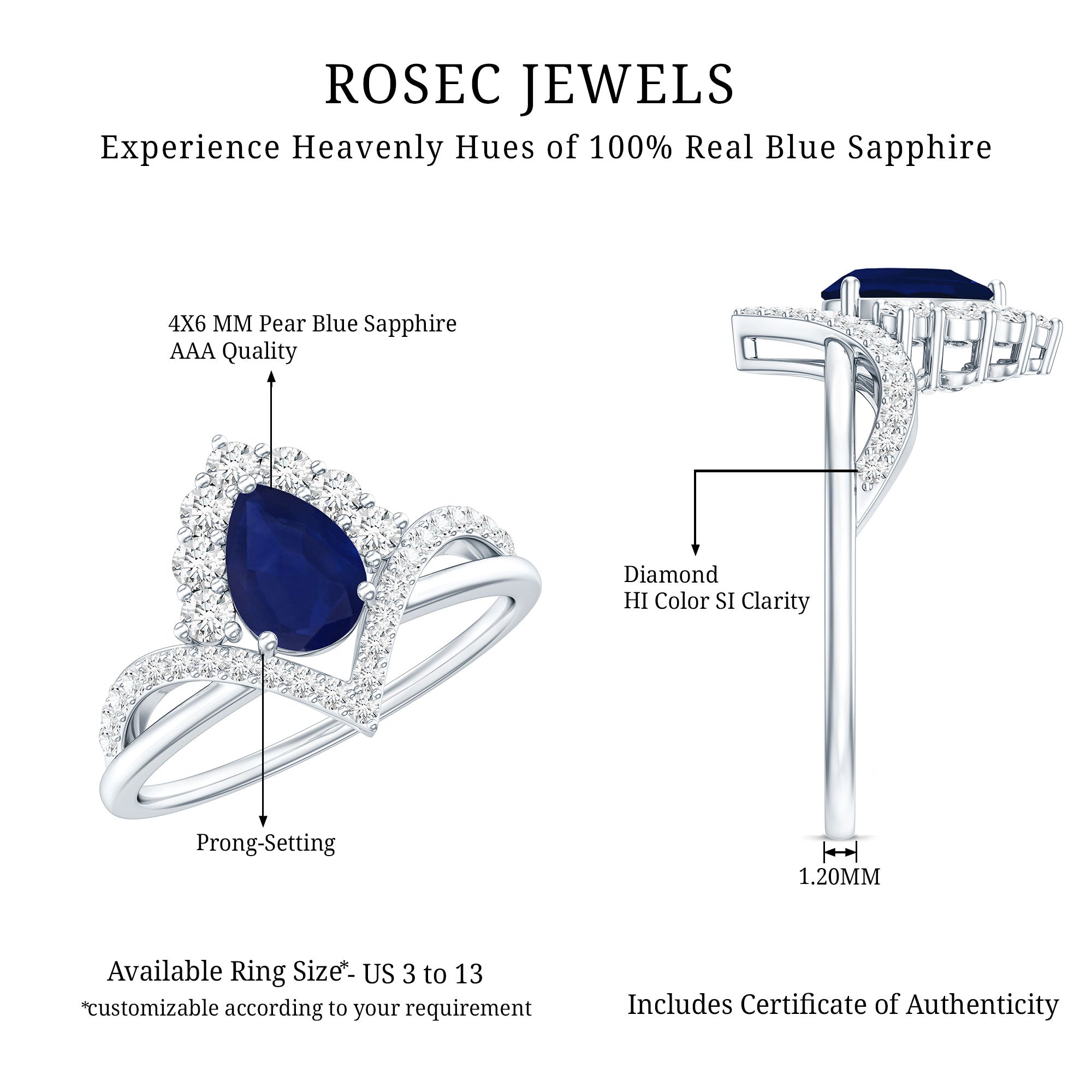 Pear Cut Blue Sapphire Designer Solitaire Ring with Diamond AAA - Rosec Jewels