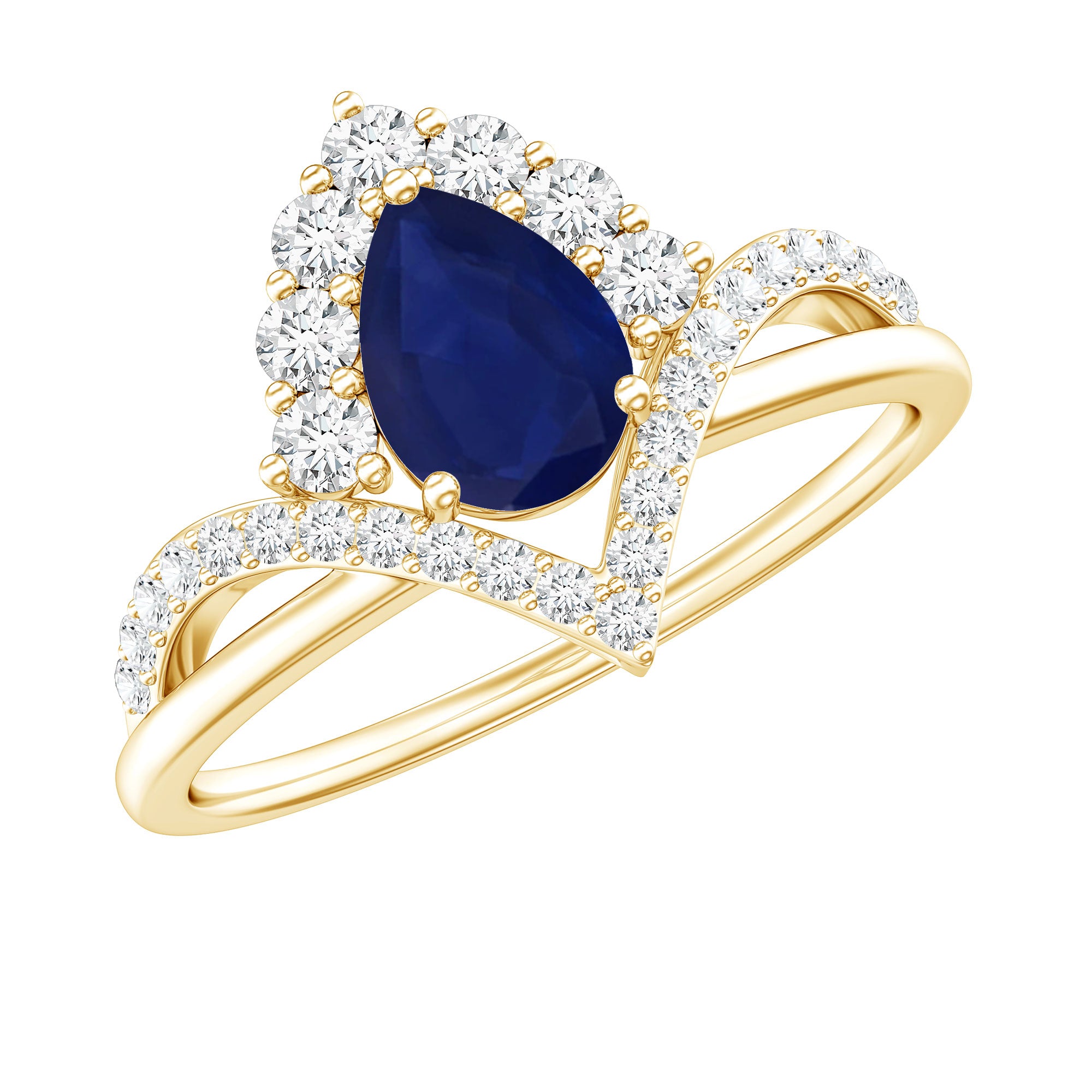 Pear Cut Blue Sapphire Designer Solitaire Ring with Diamond AAA - Rosec Jewels