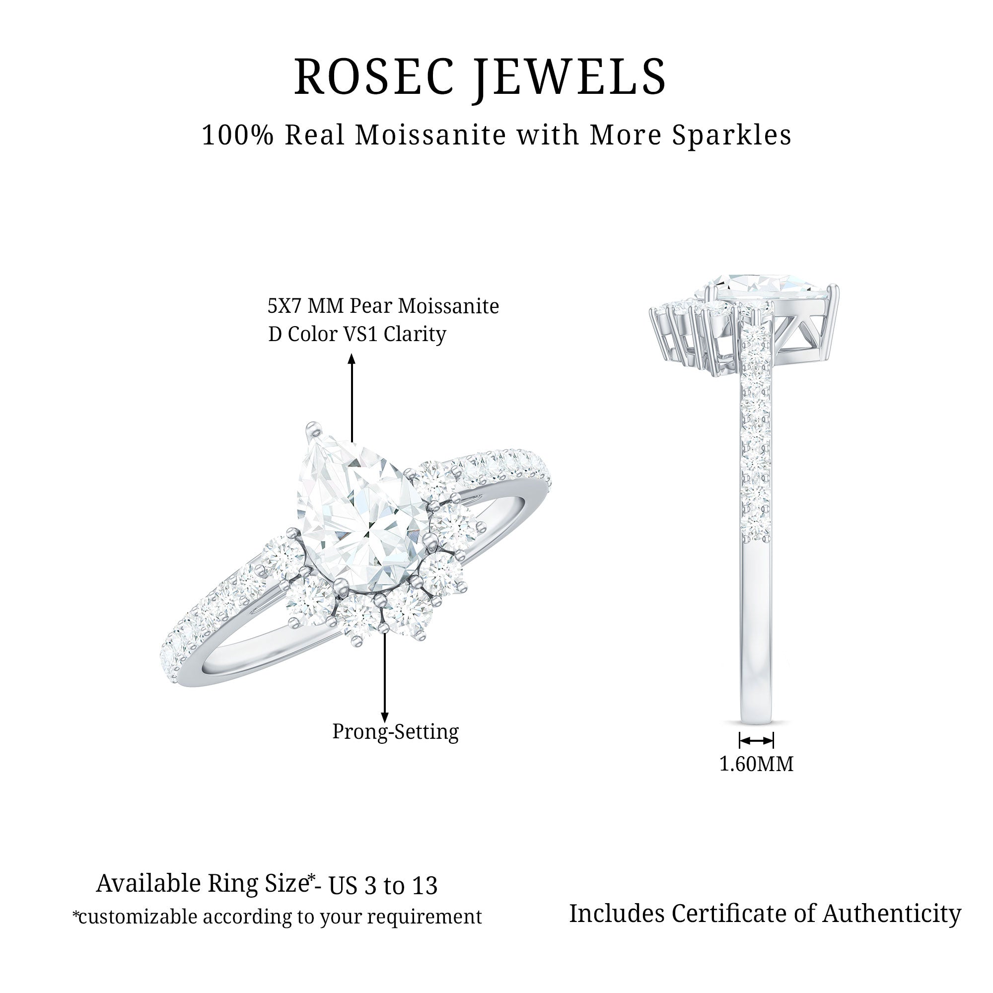 Rosec Jewels-Moissanite Teardrop Engagement Ring with Half Halo