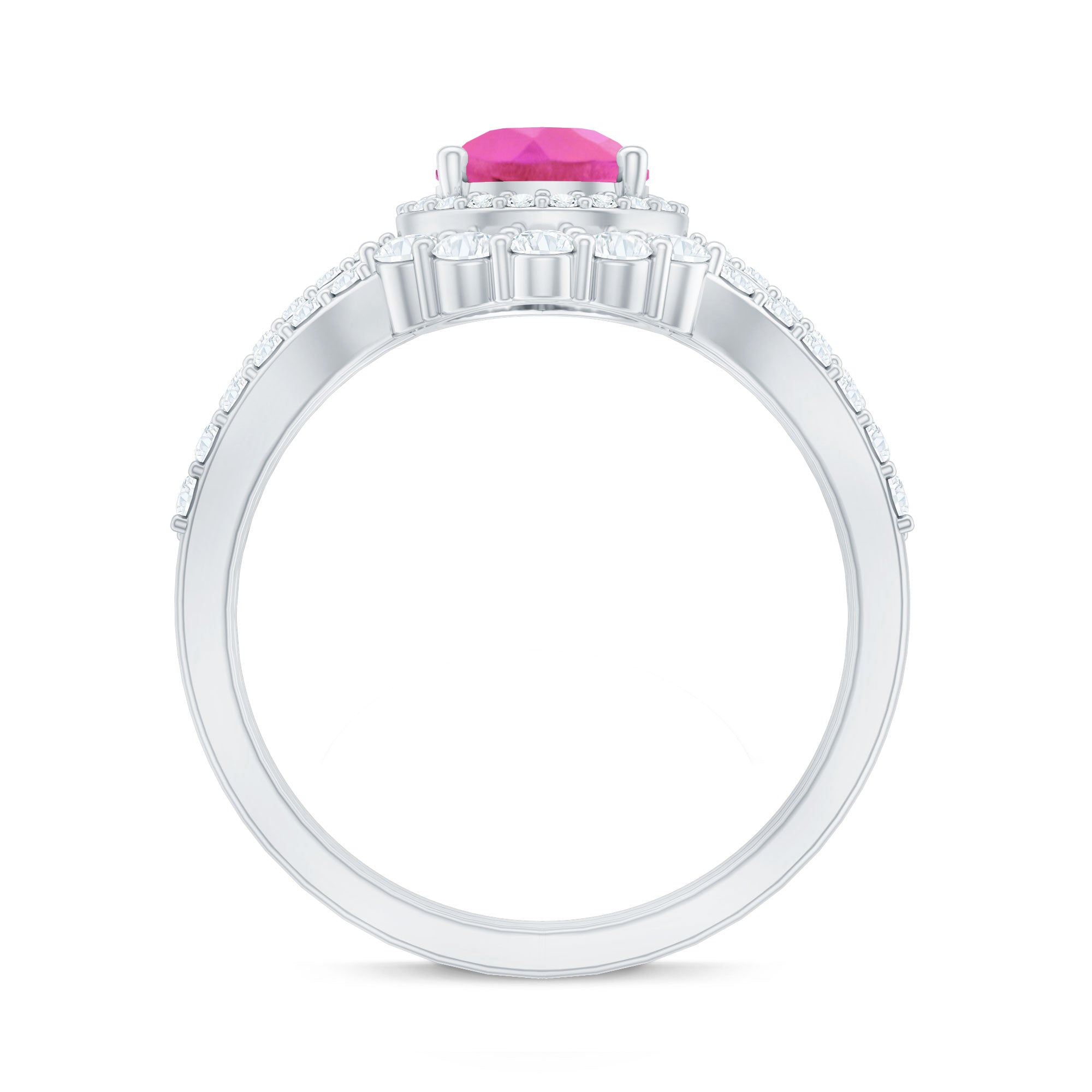 Rosec Jewels-Pear Created Pink Sapphire Teardrop Ring Set with Moissanite Band