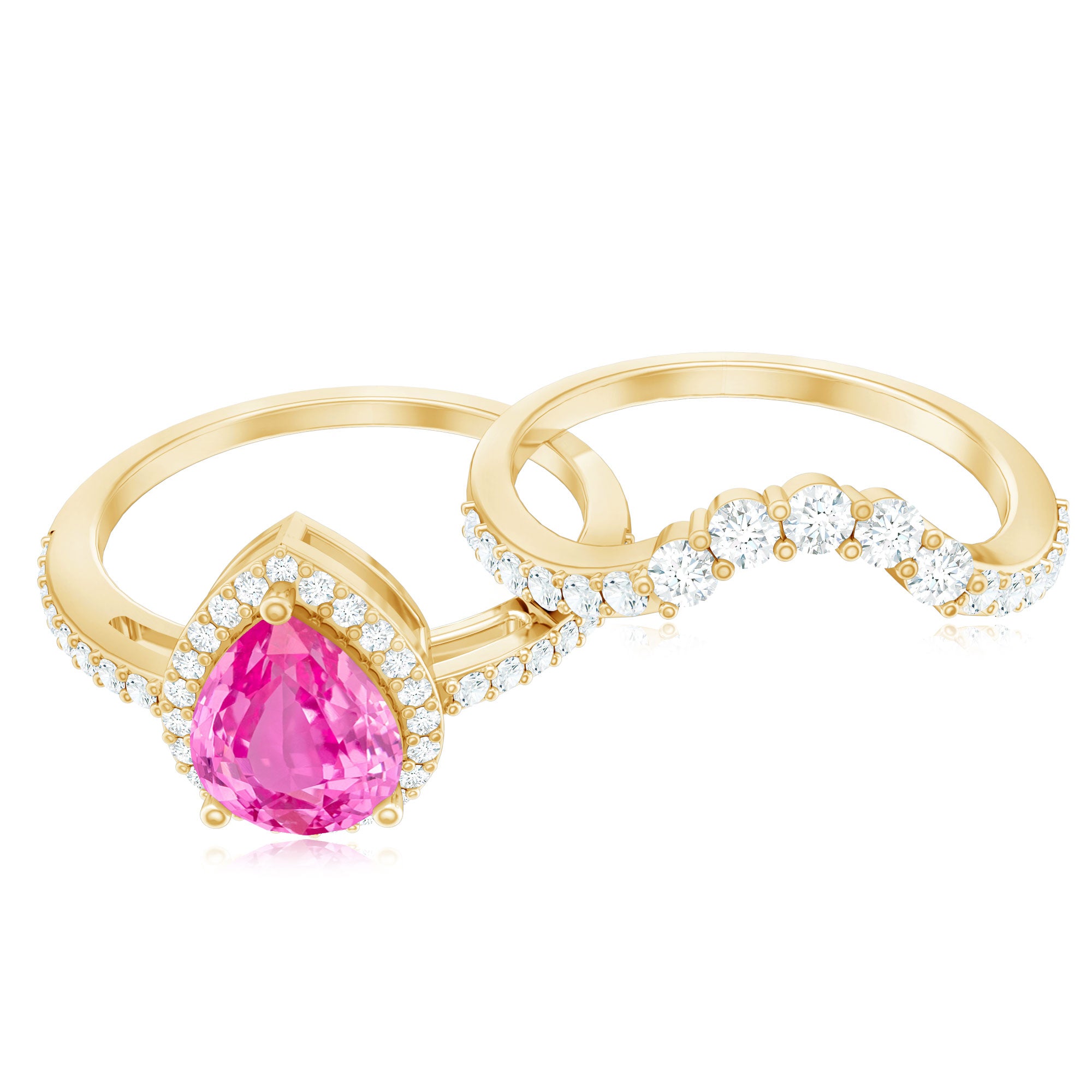Rosec Jewels-Pear Created Pink Sapphire Teardrop Ring Set with Moissanite Band