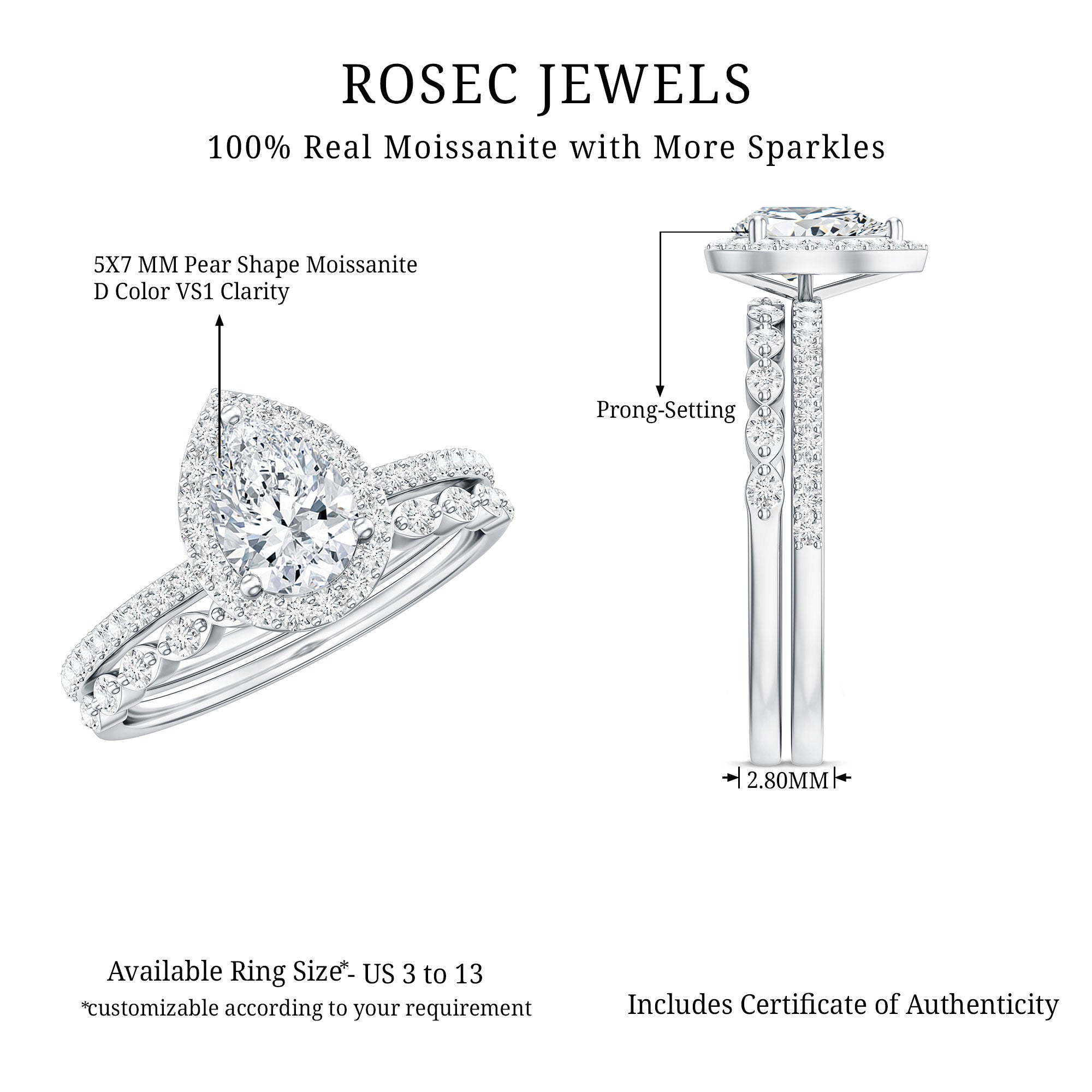 Rosec Jewels-1.75 CT Moissanite Teardrop Wedding Ring Set with Halo