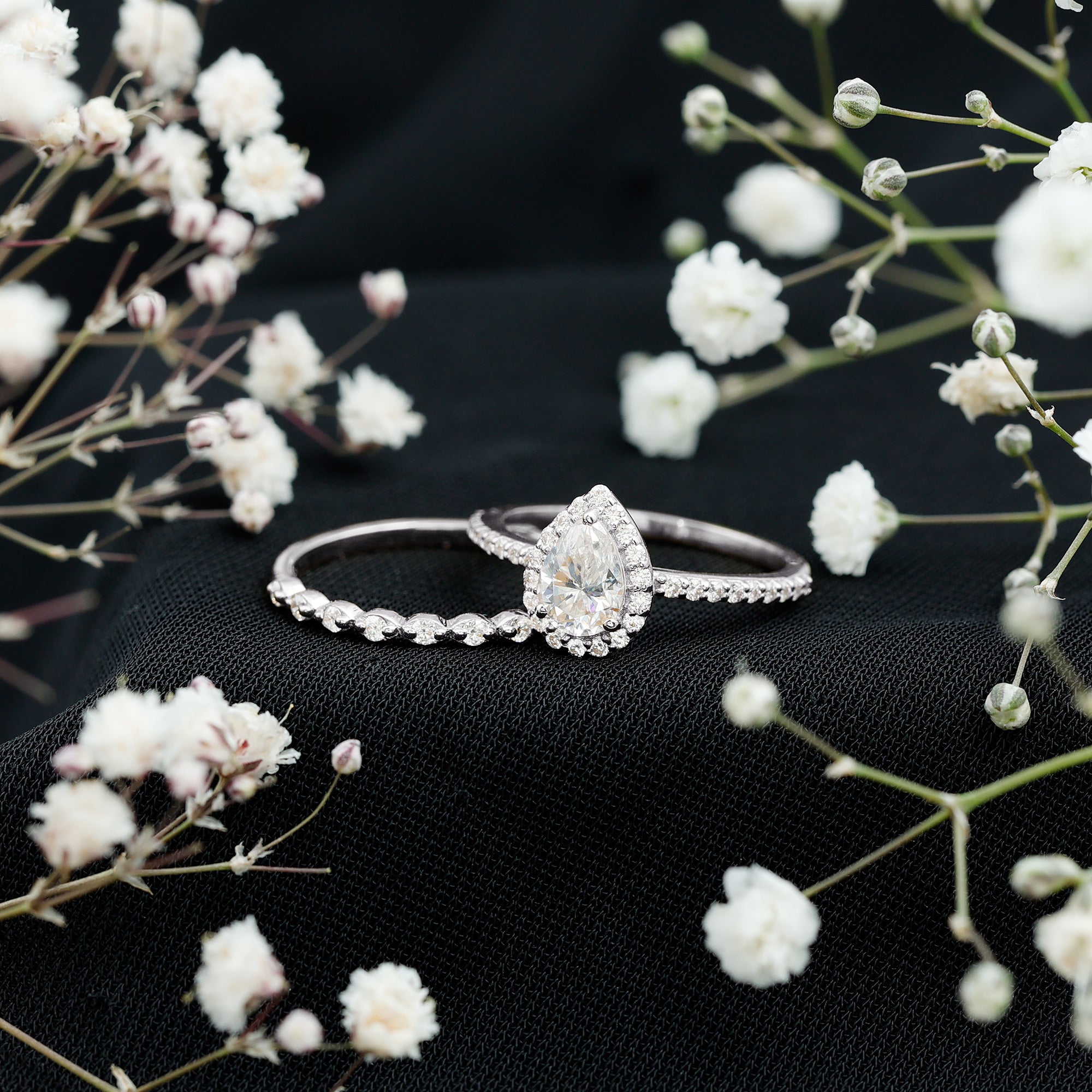 Rosec Jewels-1.75 CT Moissanite Teardrop Wedding Ring Set with Halo