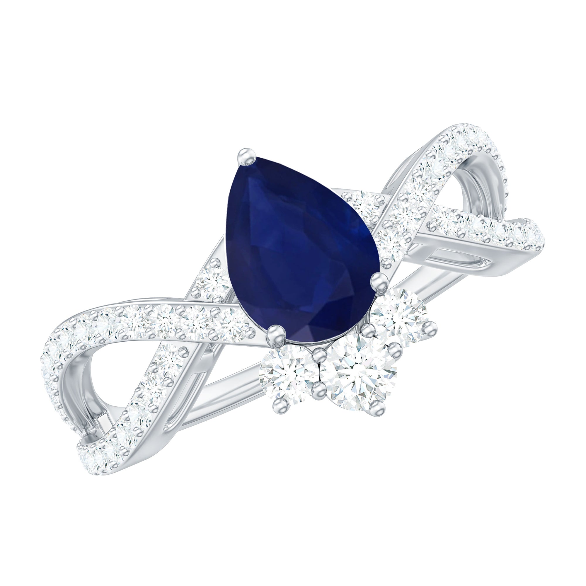 Pear Cut Blue Sapphire and Diamond Crossover Engagement Ring