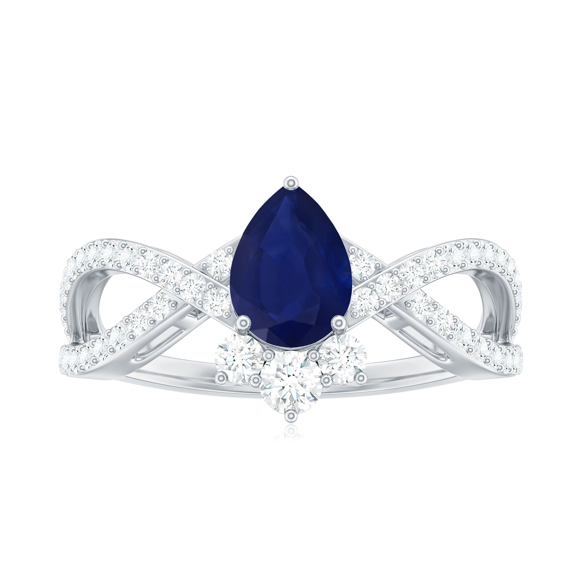 Real 0.5 Blue Sapphire Pear Shape Engagement Ring with Diamond Crossover AAA - Rosec Jewels