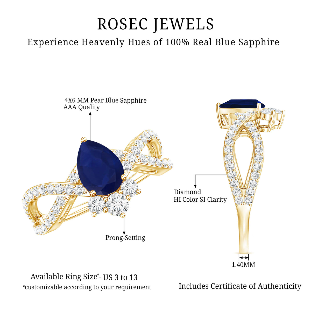 Real 0.5 Blue Sapphire Pear Shape Engagement Ring with Diamond Crossover AAA - Rosec Jewels