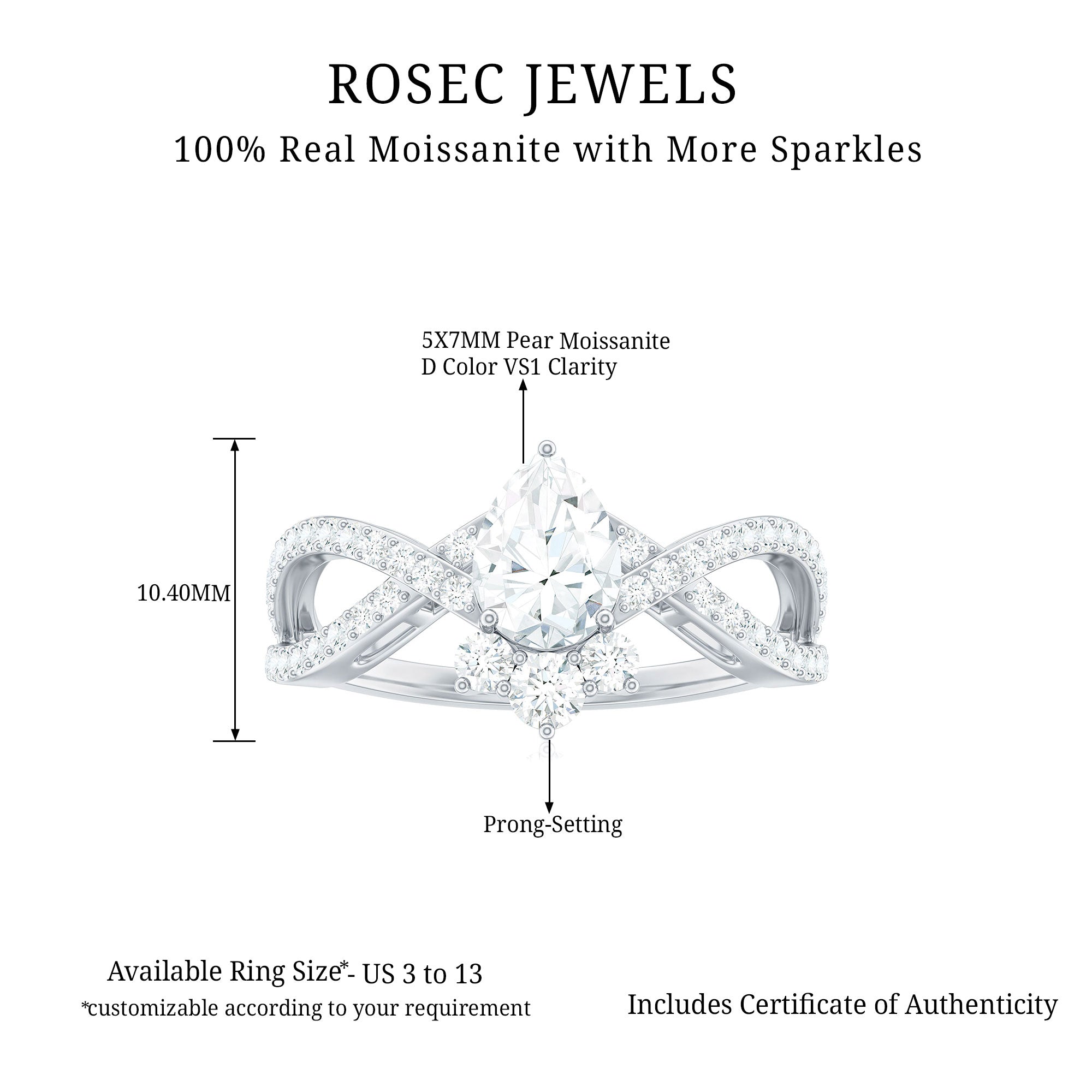 Rosec Jewels-Designer Pear Shaped Moissanite Crossover Engagement Ring