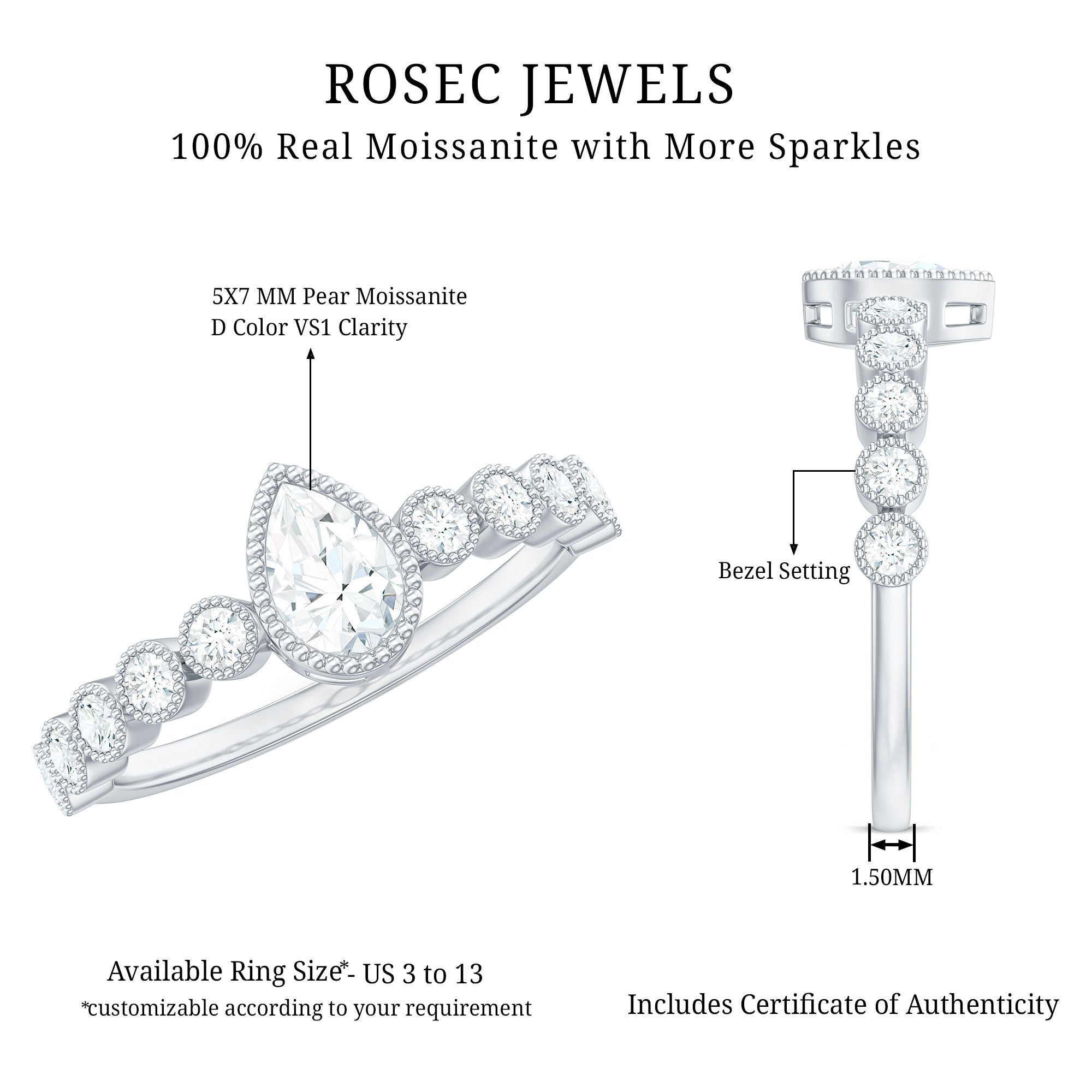Beaded Bezel Set Moissanite Pear Engagement Ring D-VS1 - Rosec Jewels