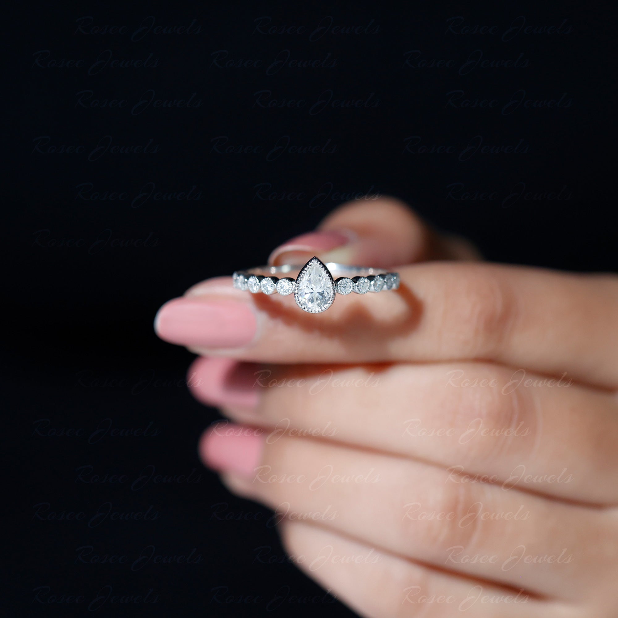 Beaded Bezel Set Moissanite Pear Engagement Ring D-VS1 - Rosec Jewels