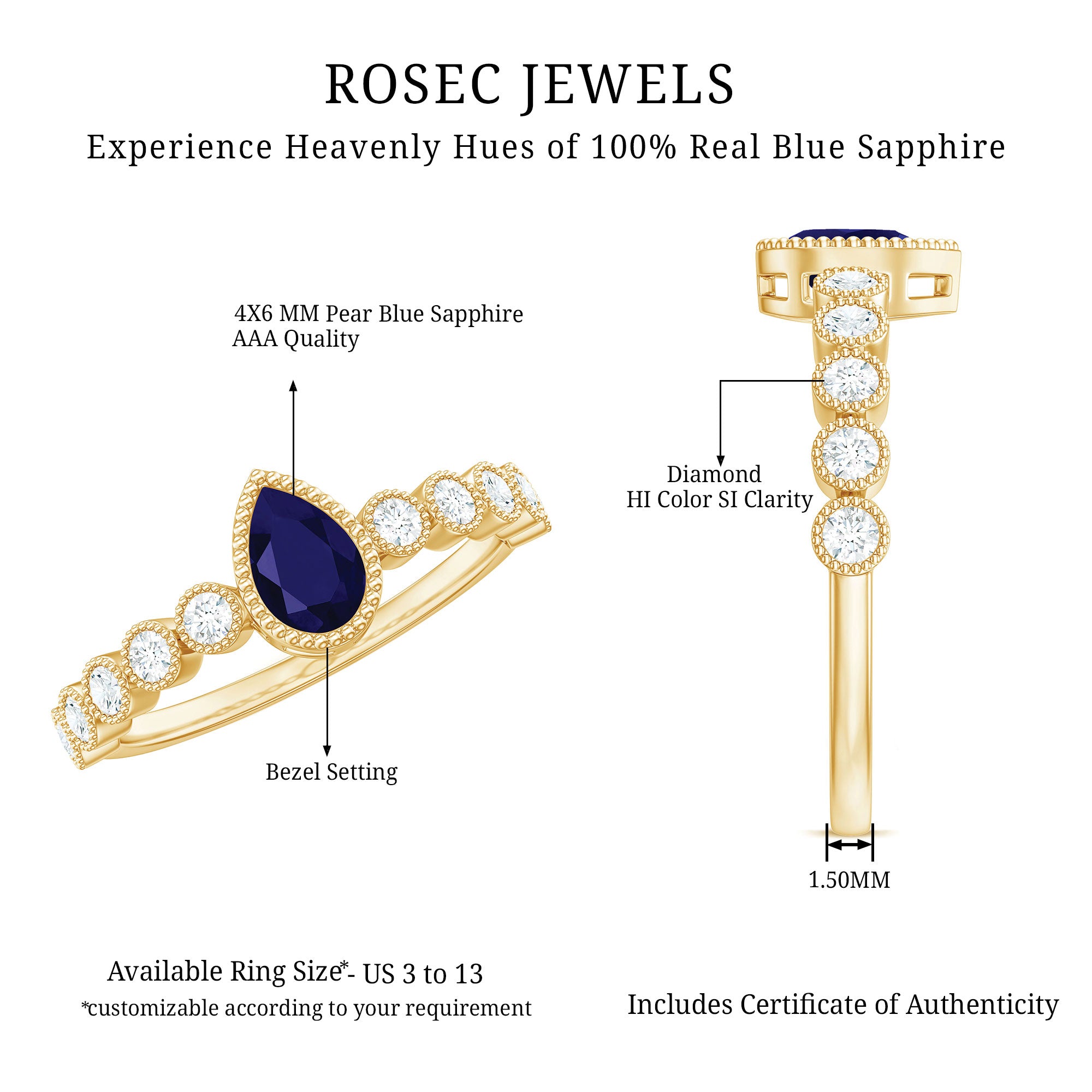 Pear Cut 0.5 Carat Blue Sapphire Engagement Ring with Diamonds AAA - Rosec Jewels