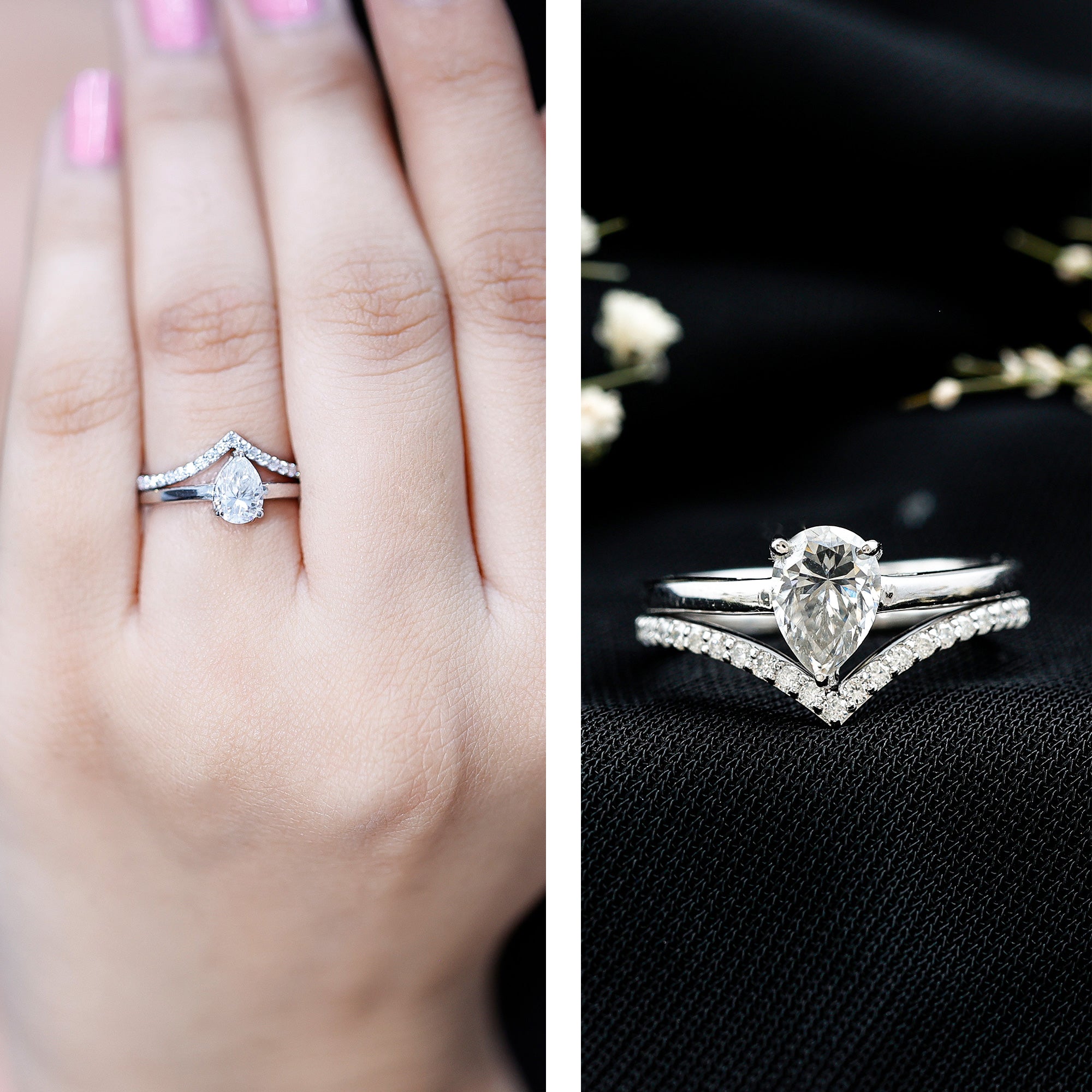 Rosec Jewels-Pear Cut Solitaire Moissanite Engagement Ring with Enhancer
