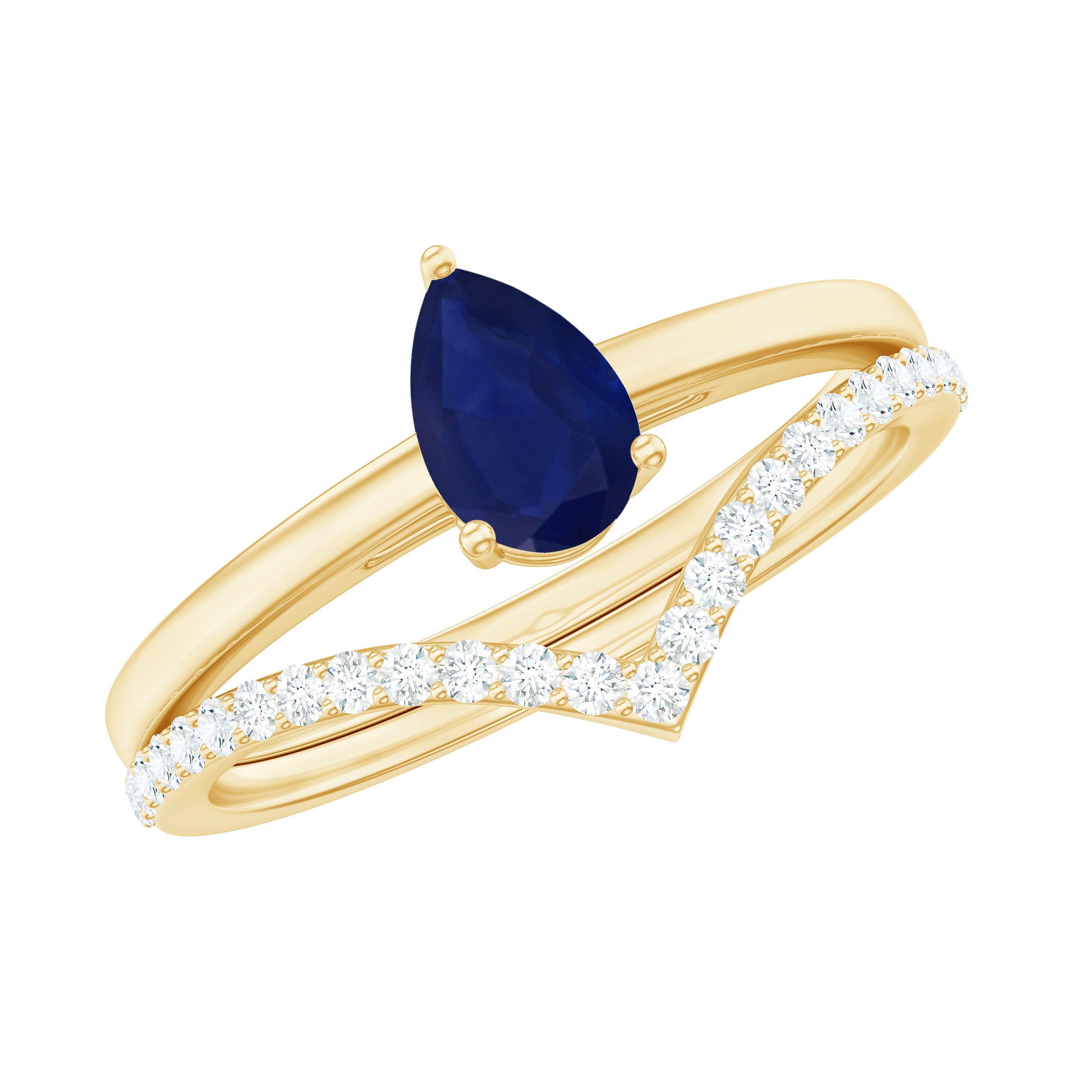 1 CT Pear Cut Blue Sapphire Solitaire Ring Set with Diamond Enhancer Band AAA - Rosec Jewels