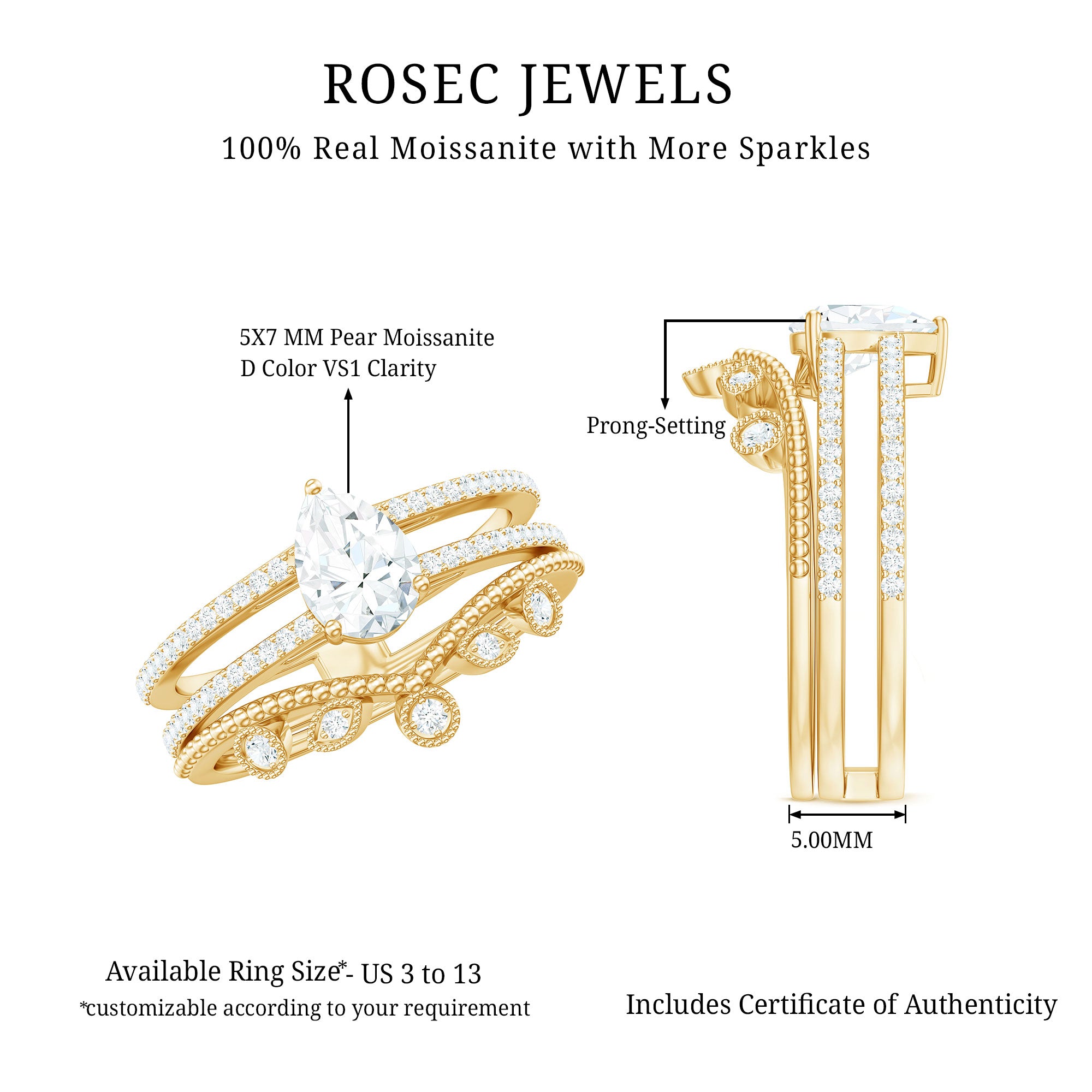 Rosec Jewels-Pear Moissanite Double Band Engagement Ring with Enhancer