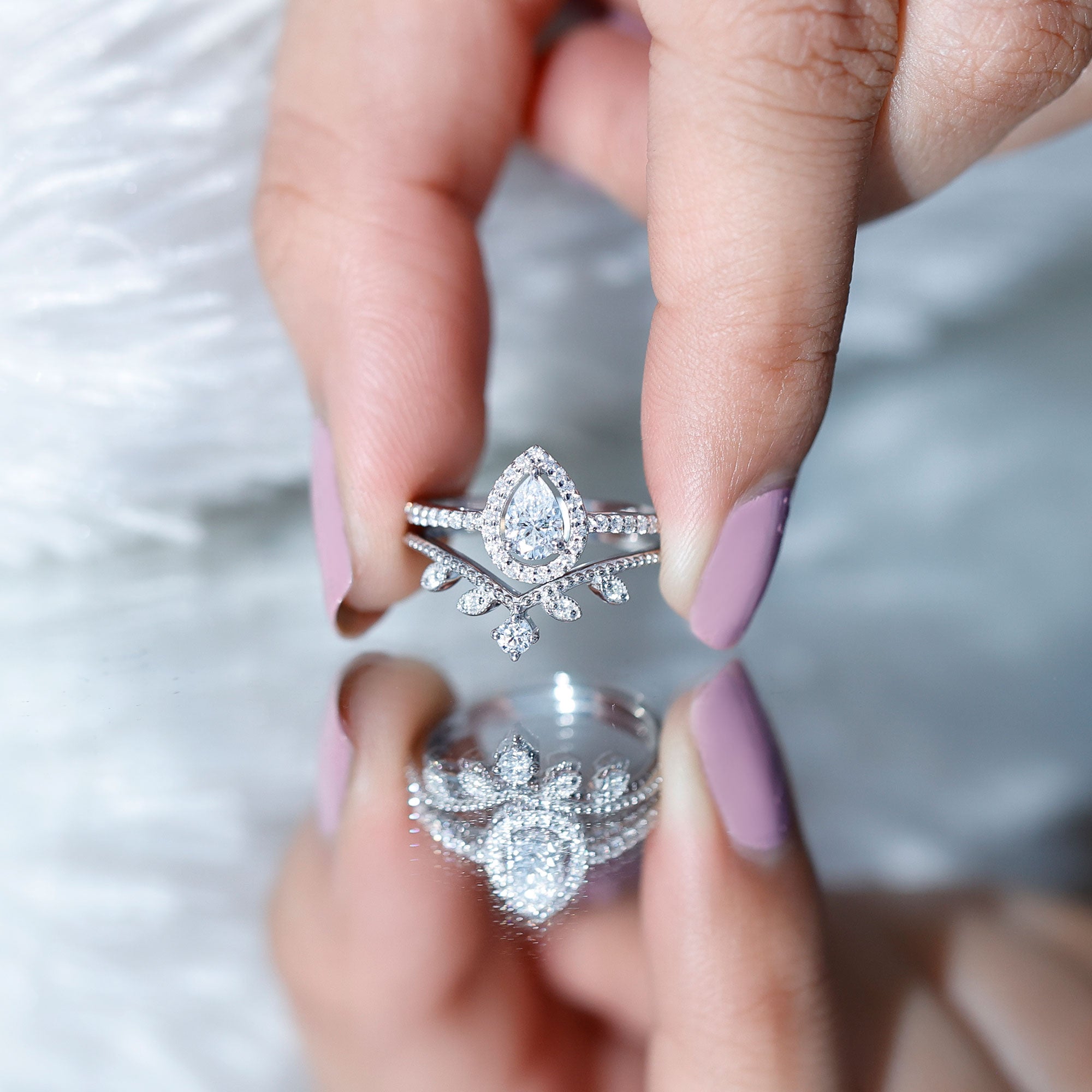 Rosec Jewels-Vintage Style Moissanite Teardrop Wedding Ring Set