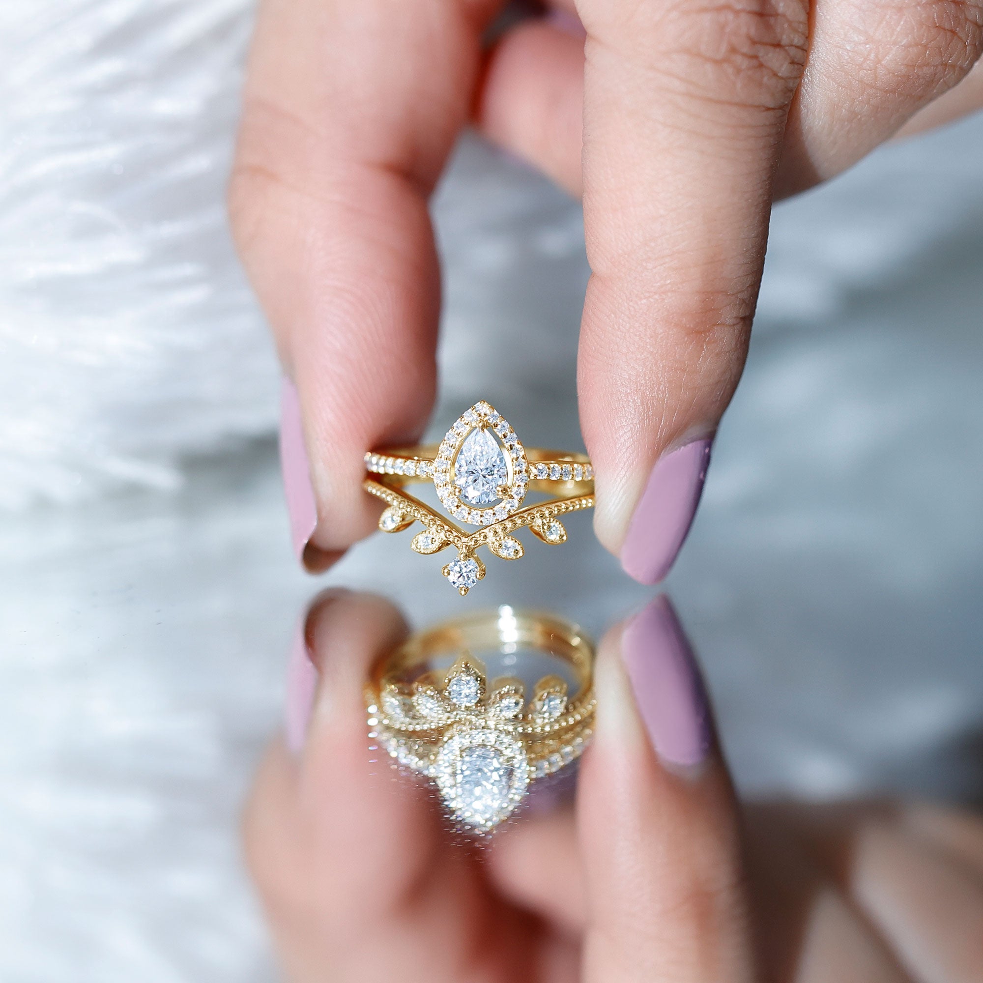 Rosec Jewels-Vintage Style Moissanite Teardrop Wedding Ring Set