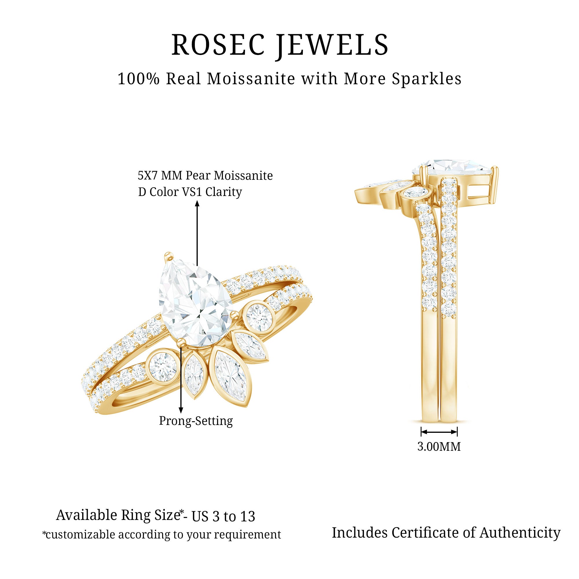 Rosec Jewels-Pear Cut Moissanite Solitaire Bridal Ring Set with Certificate