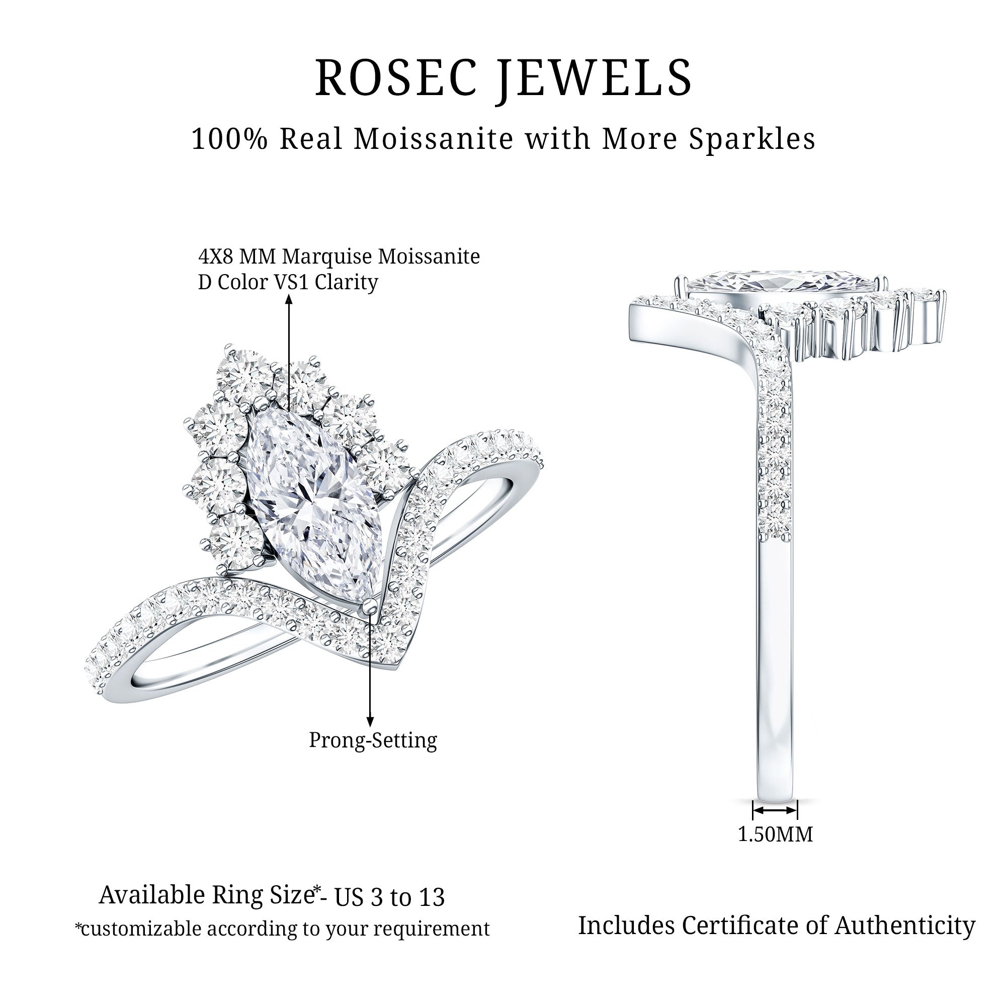 Marquise Cut Moissanite Designer Engagement Ring D-VS1 - Rosec Jewels