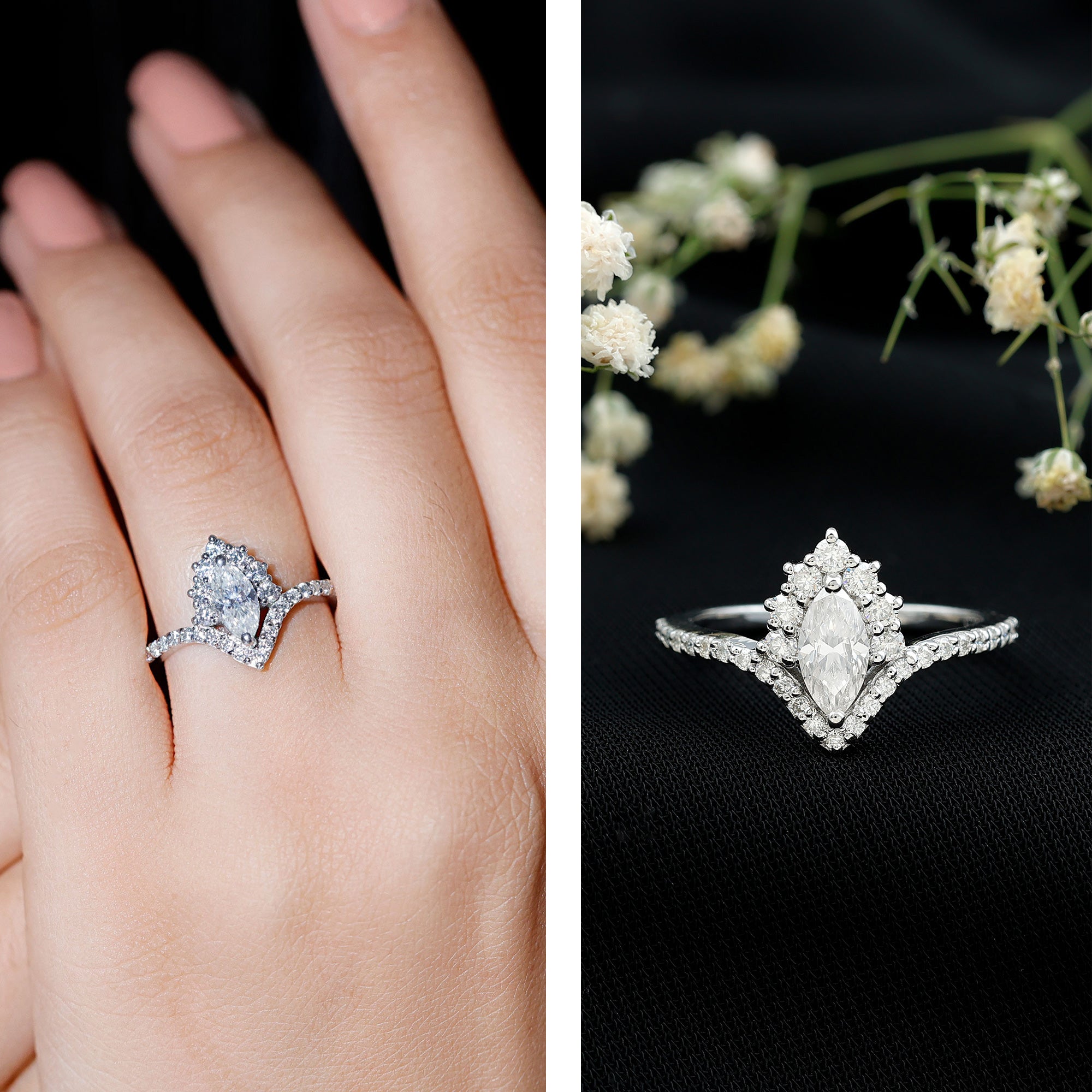 Marquise Cut Moissanite Designer Engagement Ring D-VS1 - Rosec Jewels