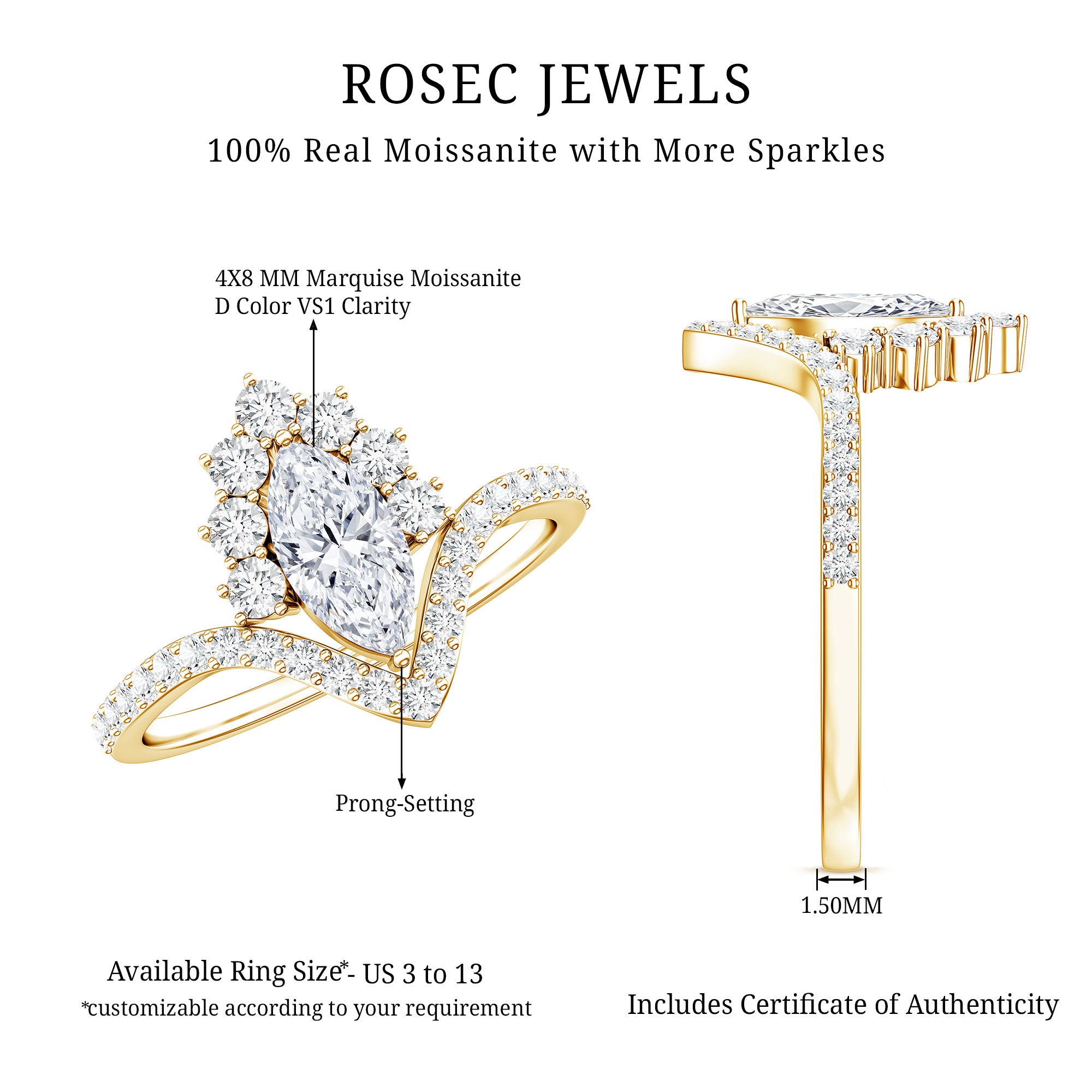 Marquise Cut Moissanite Designer Engagement Ring D-VS1 - Rosec Jewels